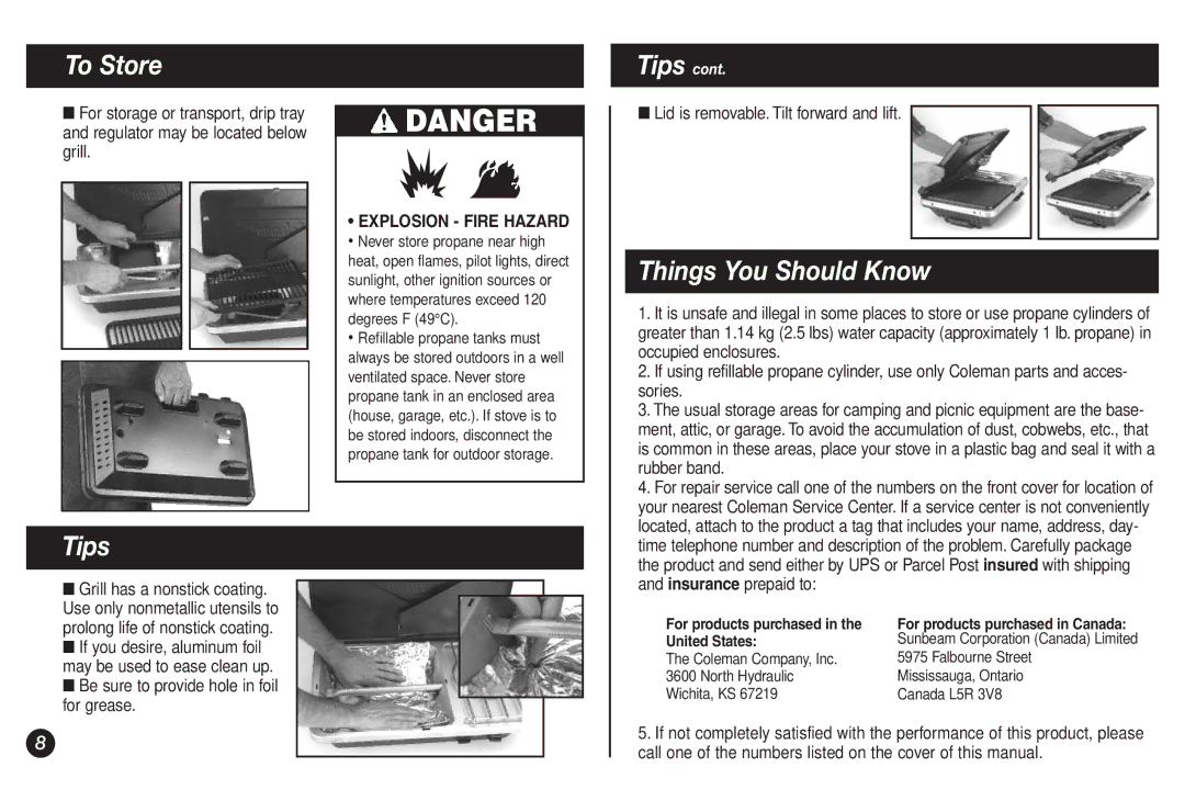 Coleman 9921A manual To Store, Tips, Things You Should Know, Lid is removable. Tilt forward and lift, For grease 