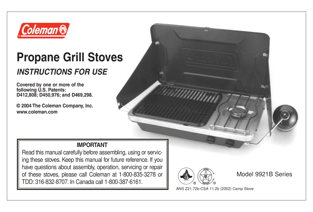 Coleman 9921B manual Propane Grill Stoves 
