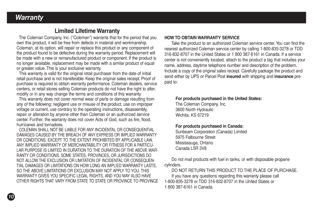 Coleman 9921B manual HOW to Obtain Warranty Service, For products purchased in the United States 