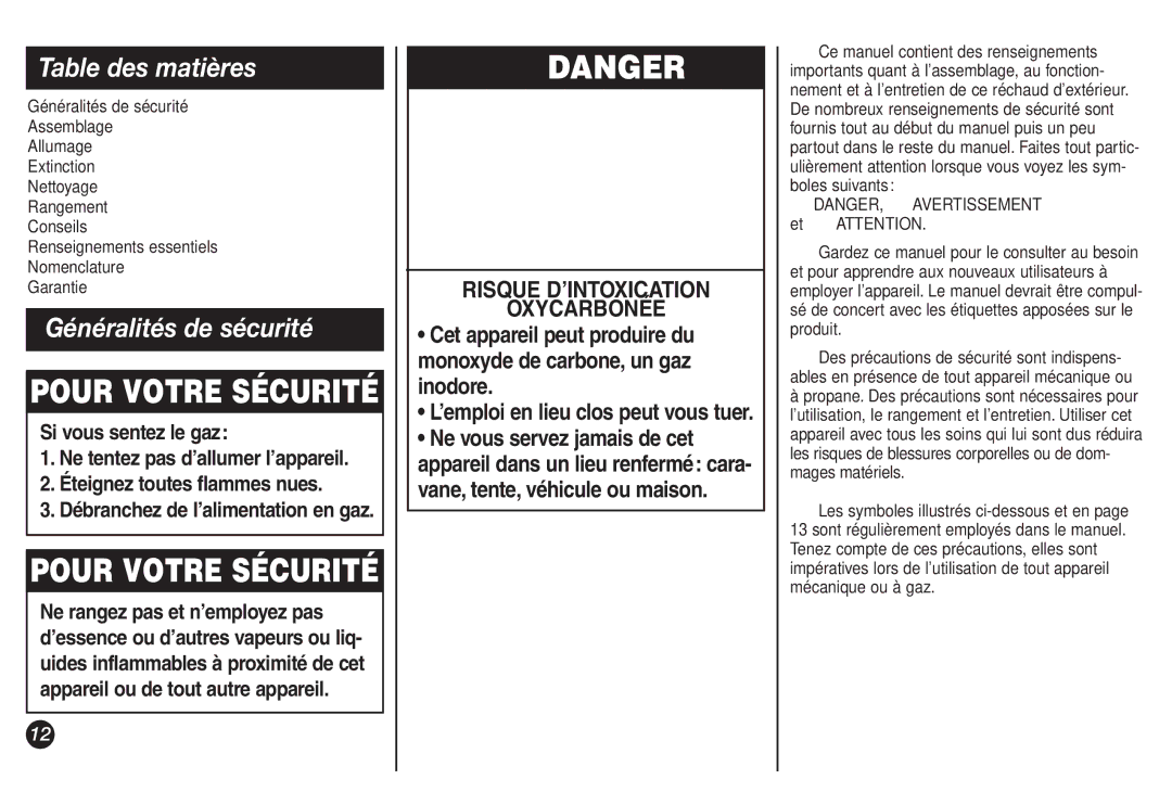 Coleman 9921B manual Table des matières, Généralités de sécurité 