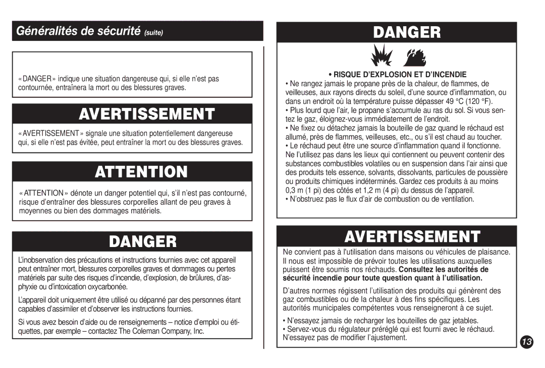 Coleman 9921B manual Généralités de sécurité suite, Risque D’EXPLOSION ET D’INCENDIE 