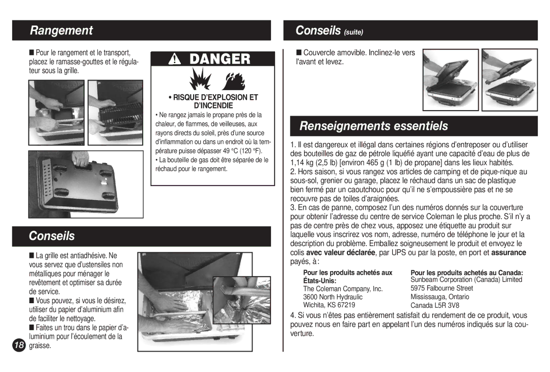 Coleman 9921B manual Rangement, Conseils suite, Renseignements essentiels 