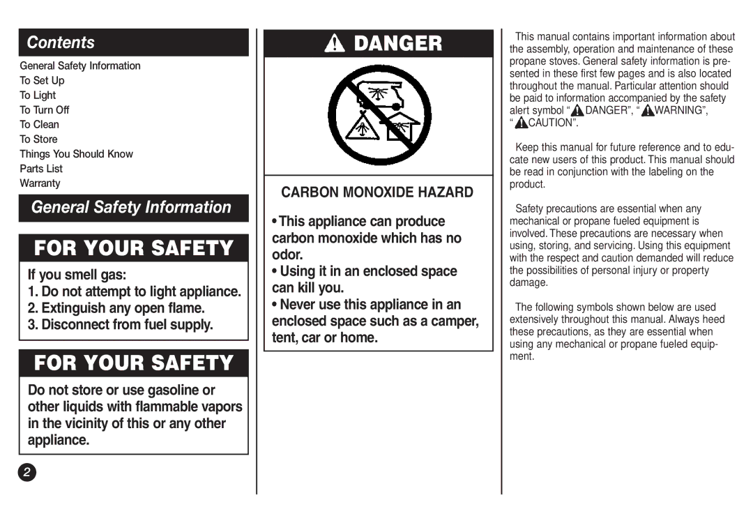 Coleman 9921B manual Contents, General Safety Information 