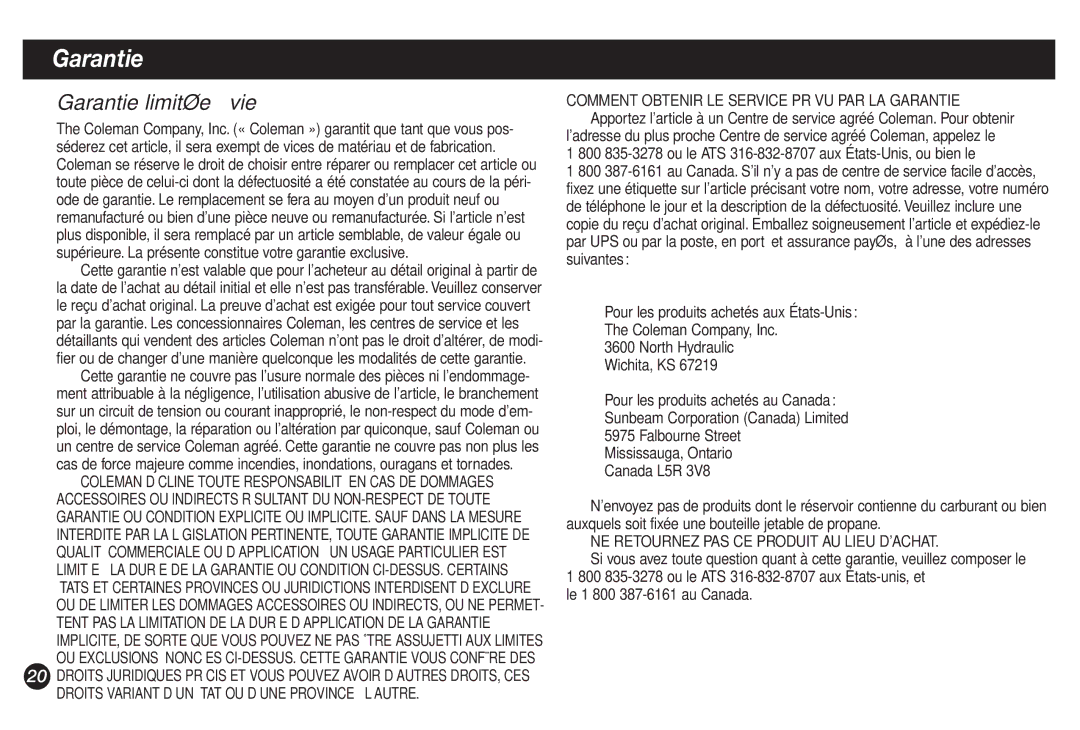 Coleman 9921B manual Comment Obtenir LE Service Prévu PAR LA Garantie, Le 1 800 387-6161 au Canada 