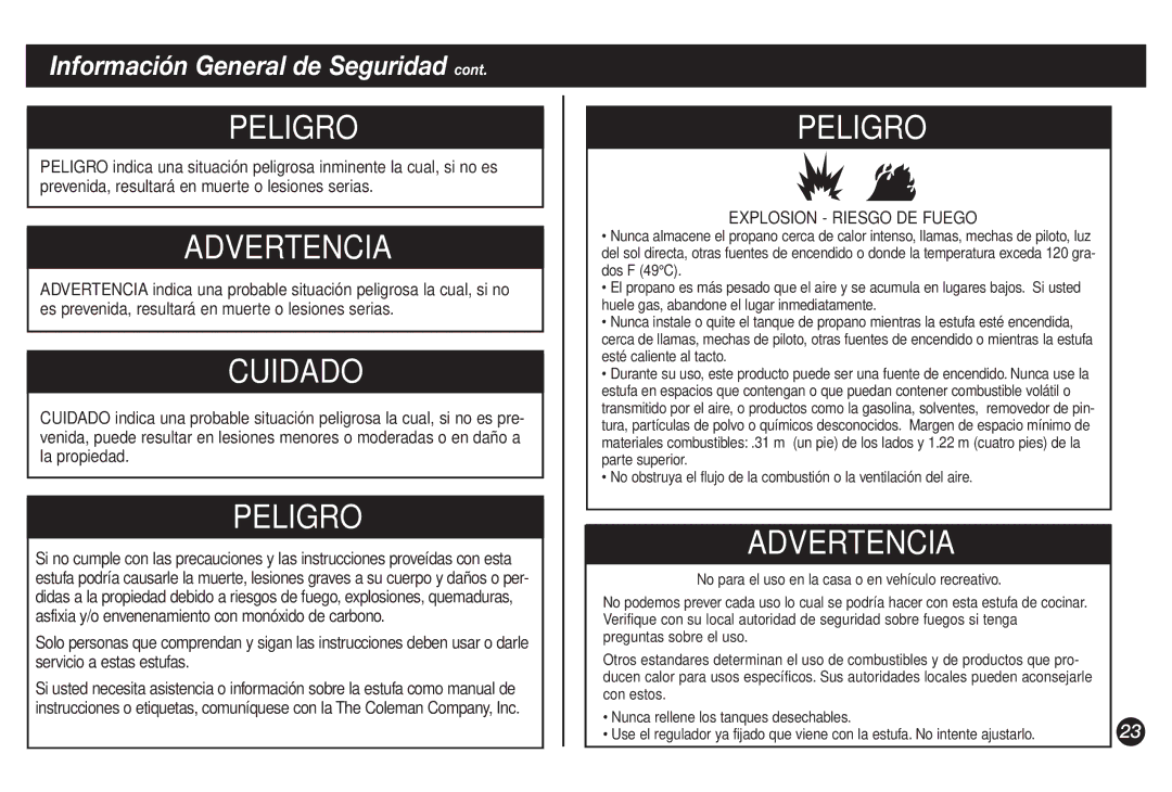 Coleman 9921B manual Información General de Seguridad, Explosion Riesgo DE Fuego 