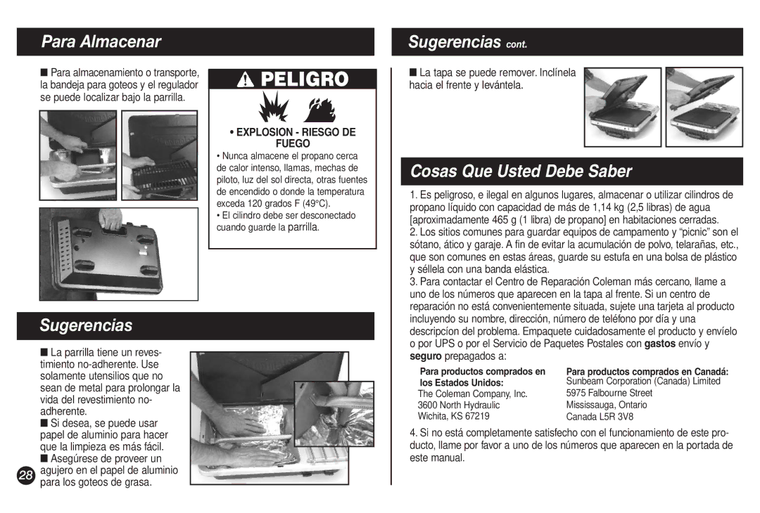 Coleman 9921B manual Para Almacenar, Sugerencias 