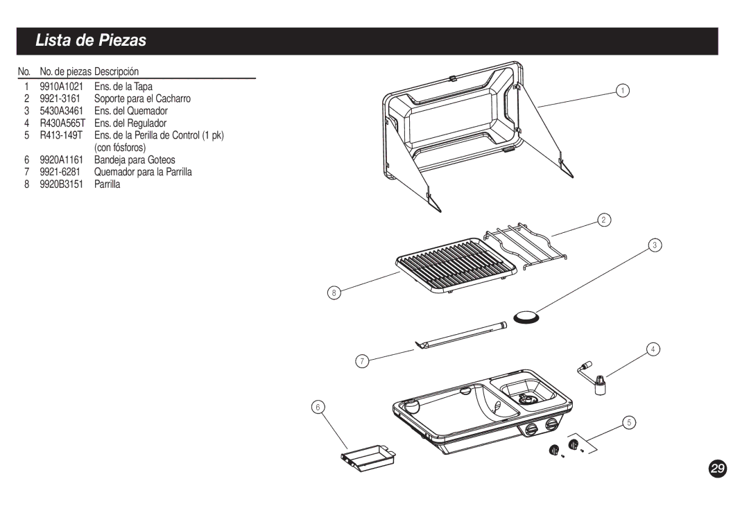 Coleman 9921B manual Lista de Piezas 