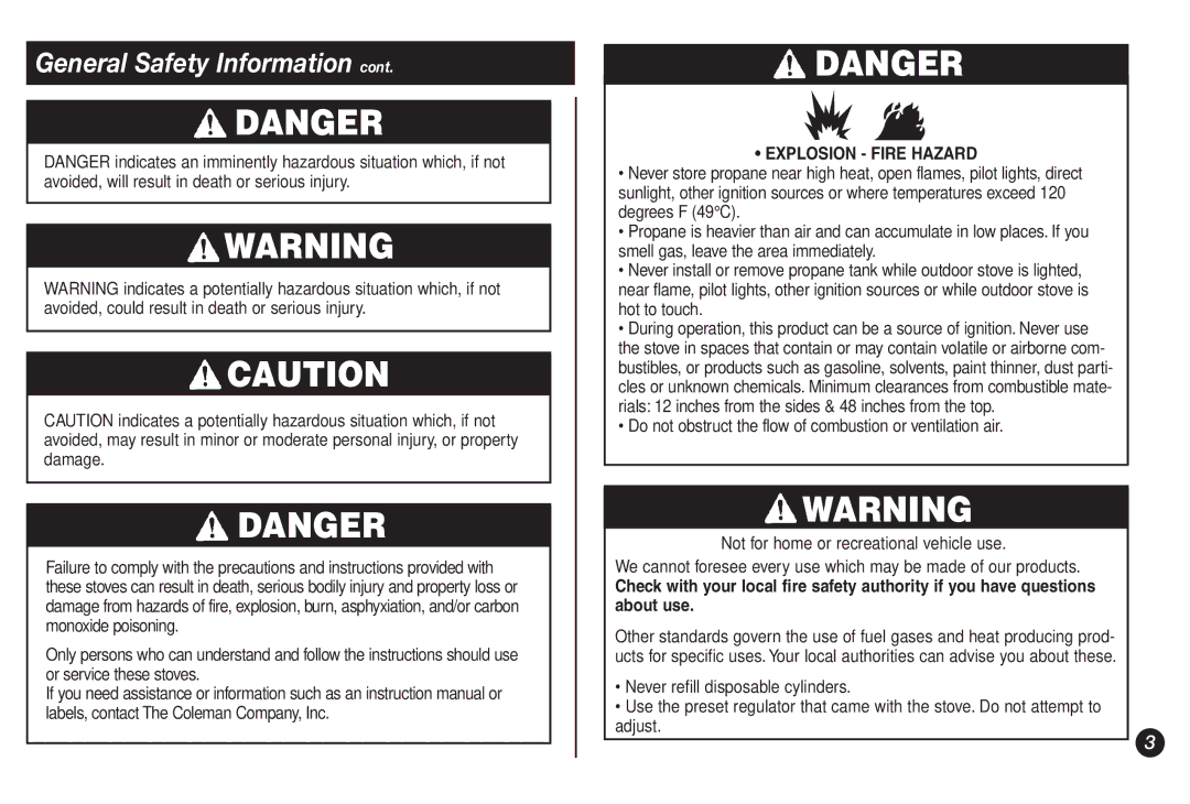 Coleman 9921B manual Explosion Fire Hazard 