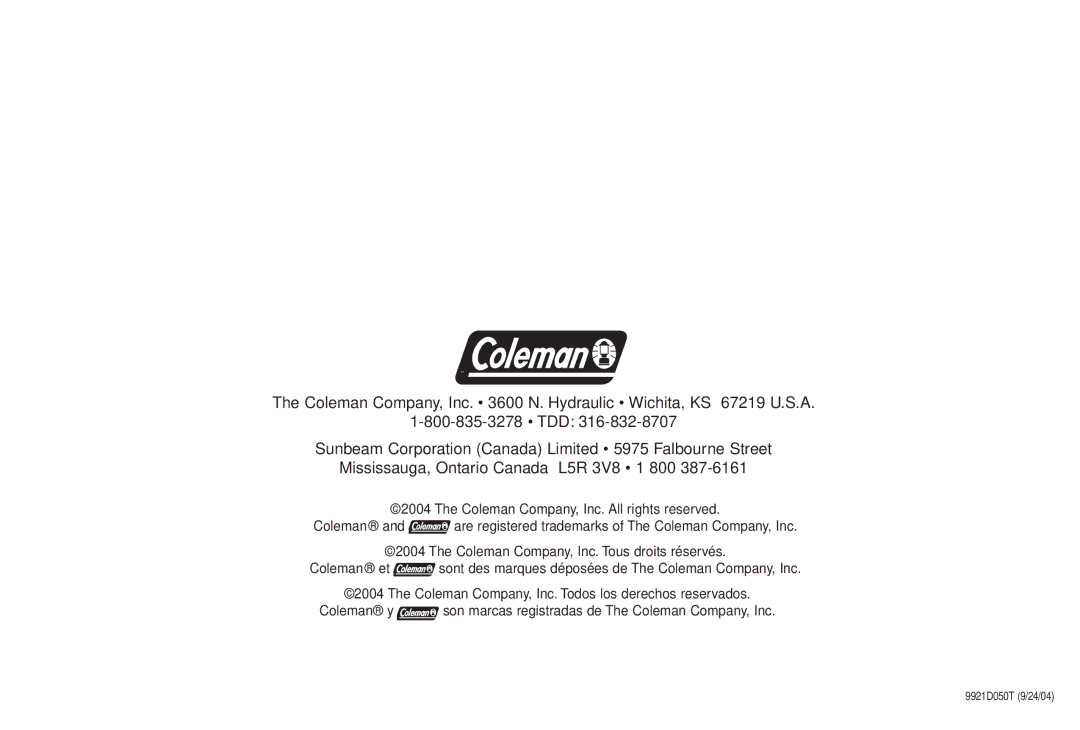 Coleman 9921B manual Coleman Company, Inc. All rights reserved Coleman and ¨ 