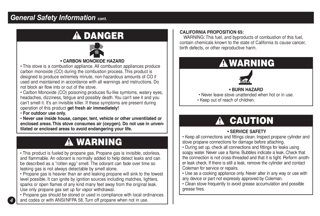 Coleman 9921B manual Carbon Monoxide Hazard, For outdoor use only, California Proposition Burn Hazard, Service Safety 