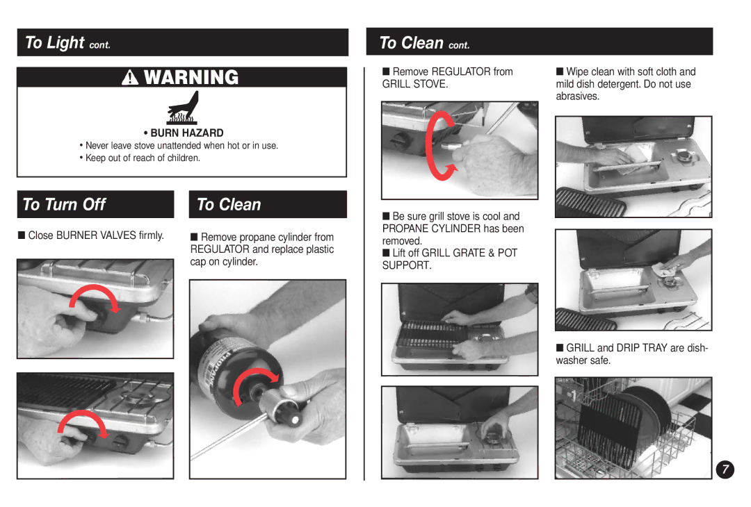 Coleman 9921B manual To Clean, To Turn Off, Remove Regulator from, Close Burner Valves firmly 