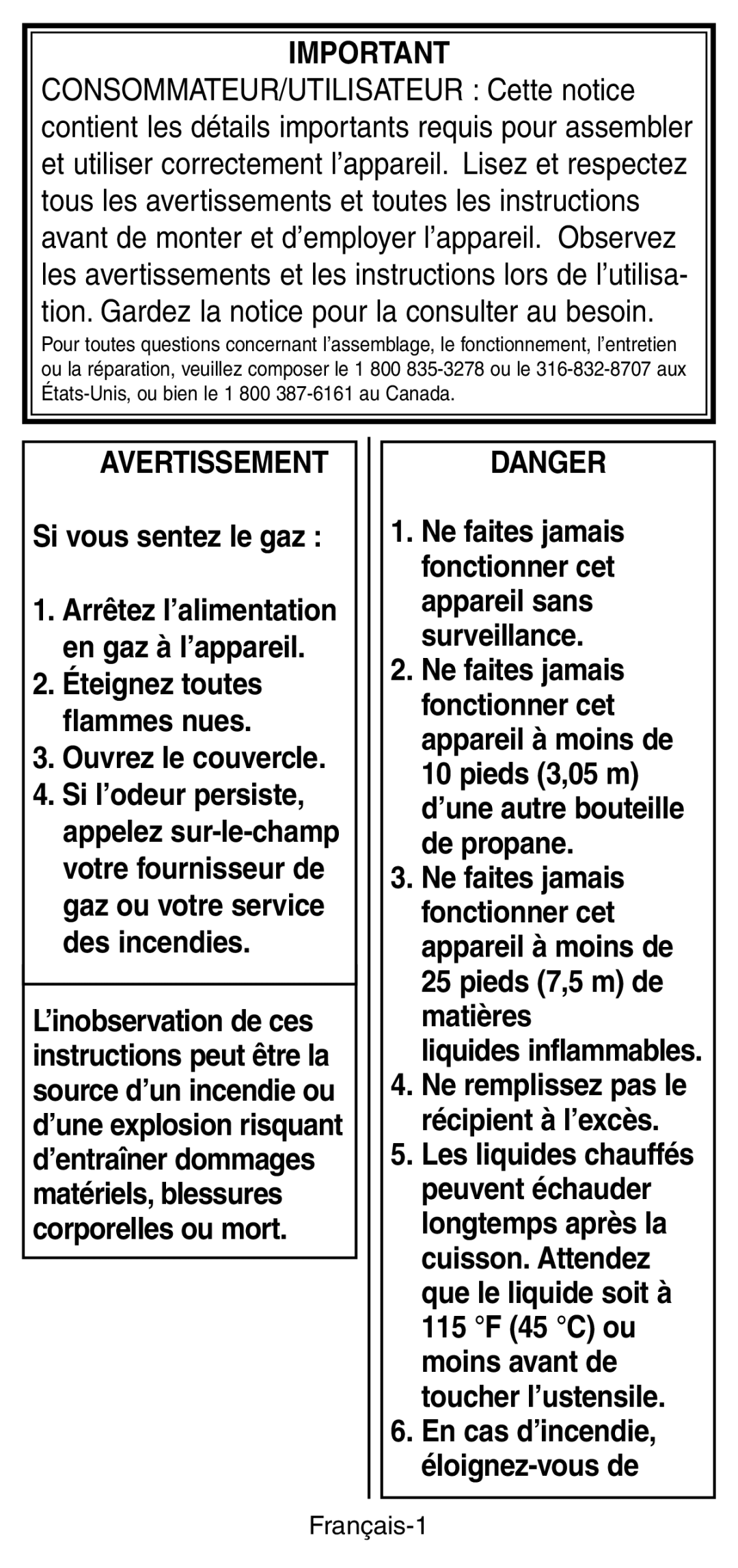 Coleman 9924 Series instruction manual Avertissement, Français-1 