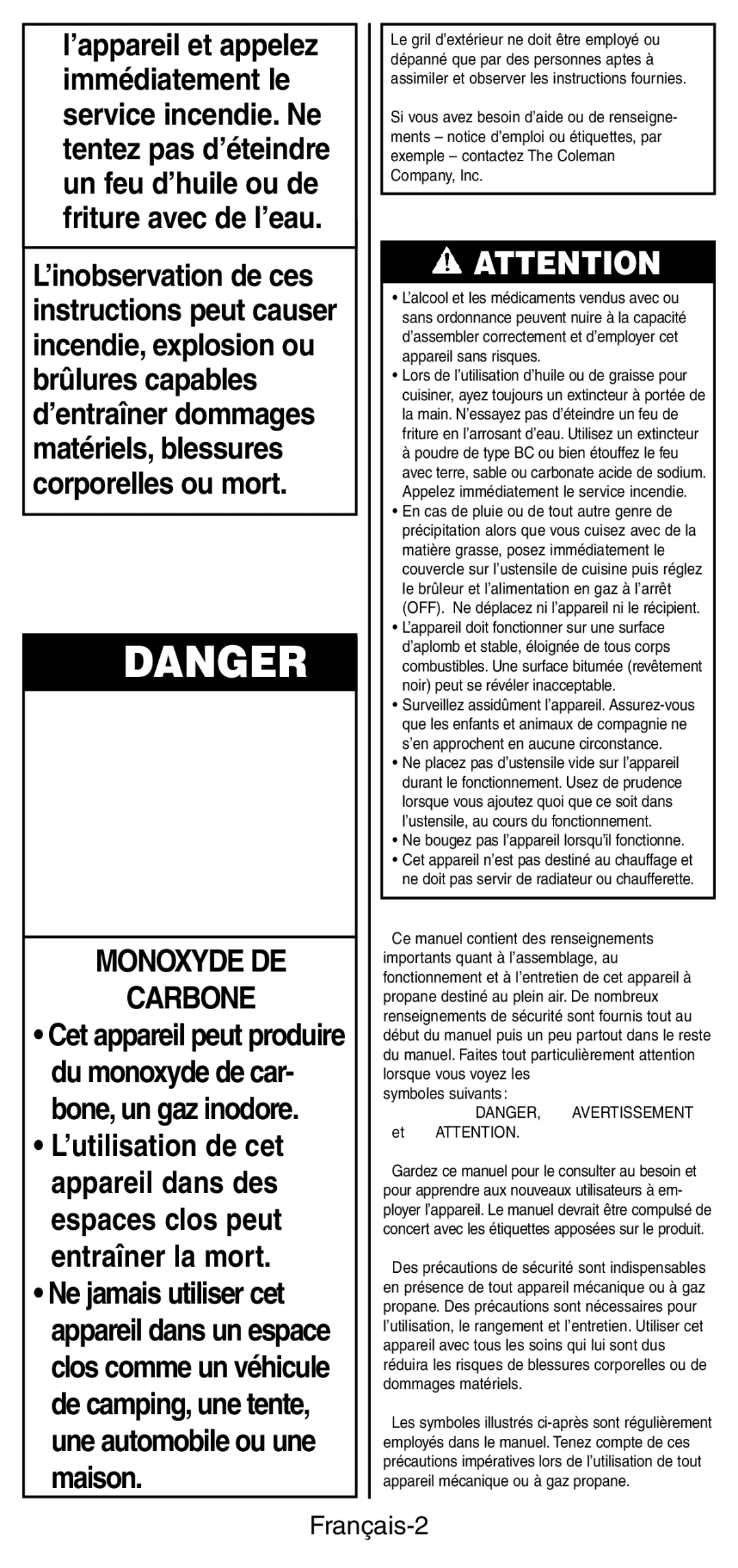 Coleman 9924 Series instruction manual Monoxyde DE Carbone, Français-2 