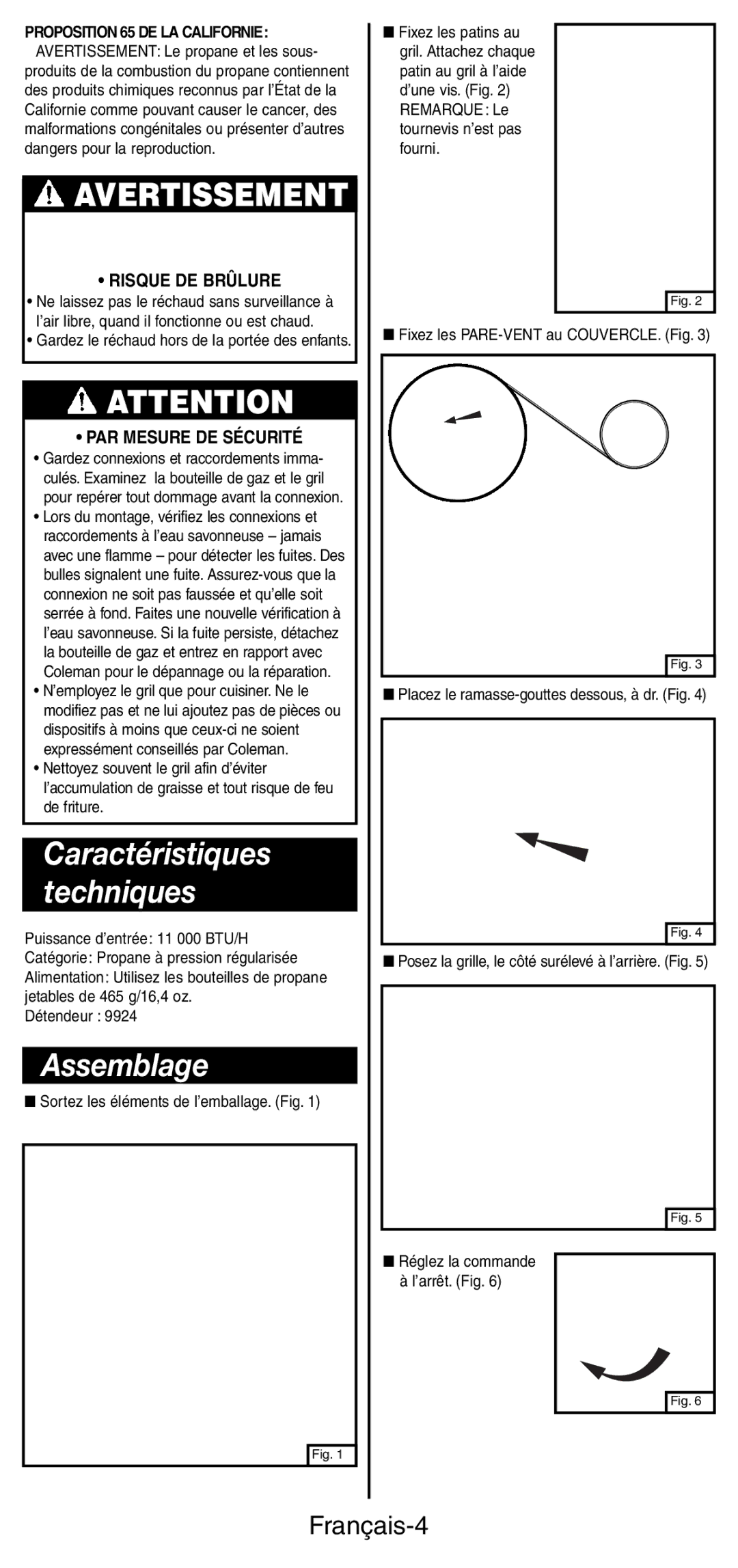 Coleman 9924 Series instruction manual Assemblage, Français-4, Risque DE Brûlure, PAR Mesure DE Sécurité 