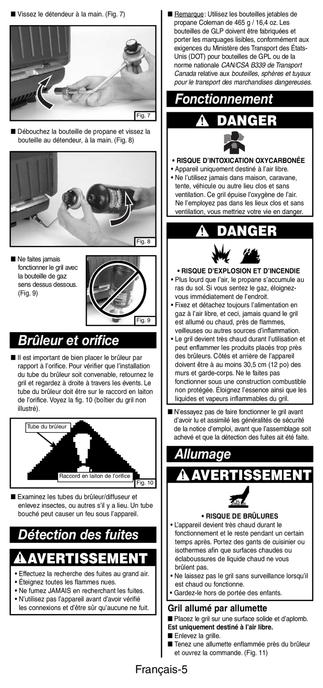 Coleman 9924 Series instruction manual Fonctionnement, Brûleur et orifice, Détection des fuites, Allumage, Français-5 