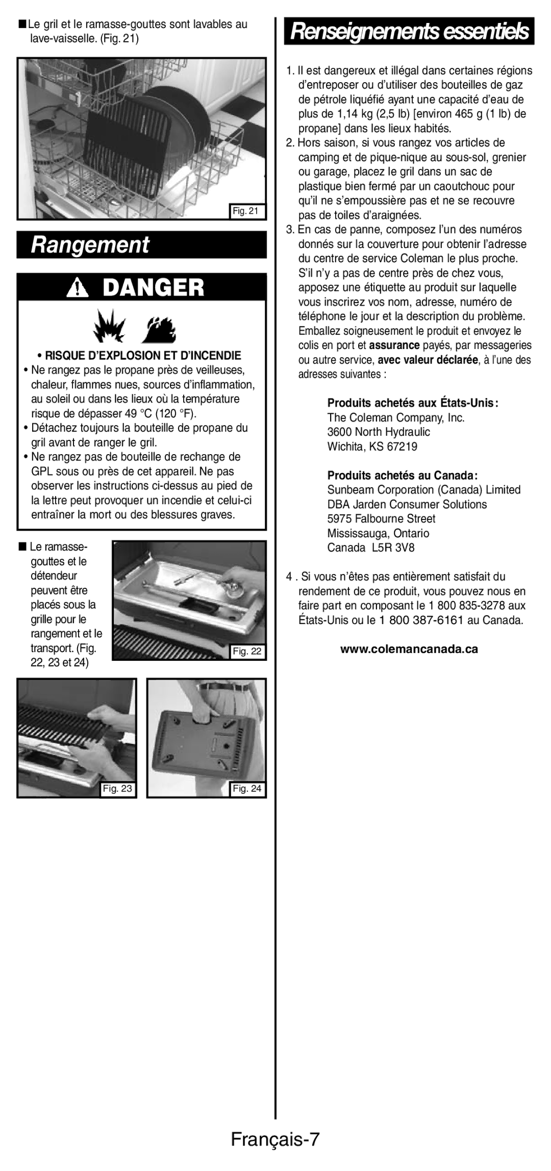 Coleman 9924 Series instruction manual Rangement, Renseignements essentiels, Français-7 