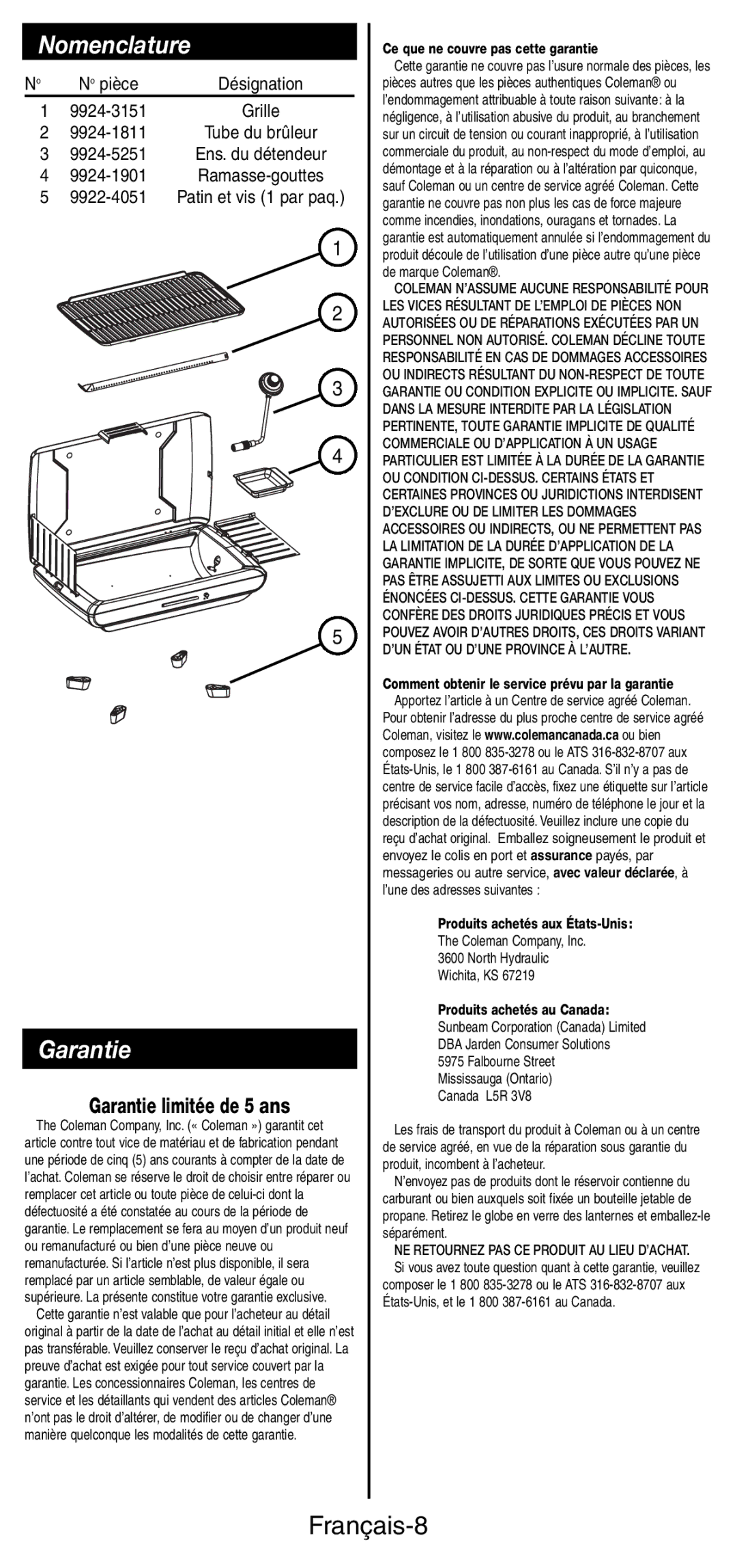 Coleman 9924 Series instruction manual Nomenclature, Garantie, Français-8 