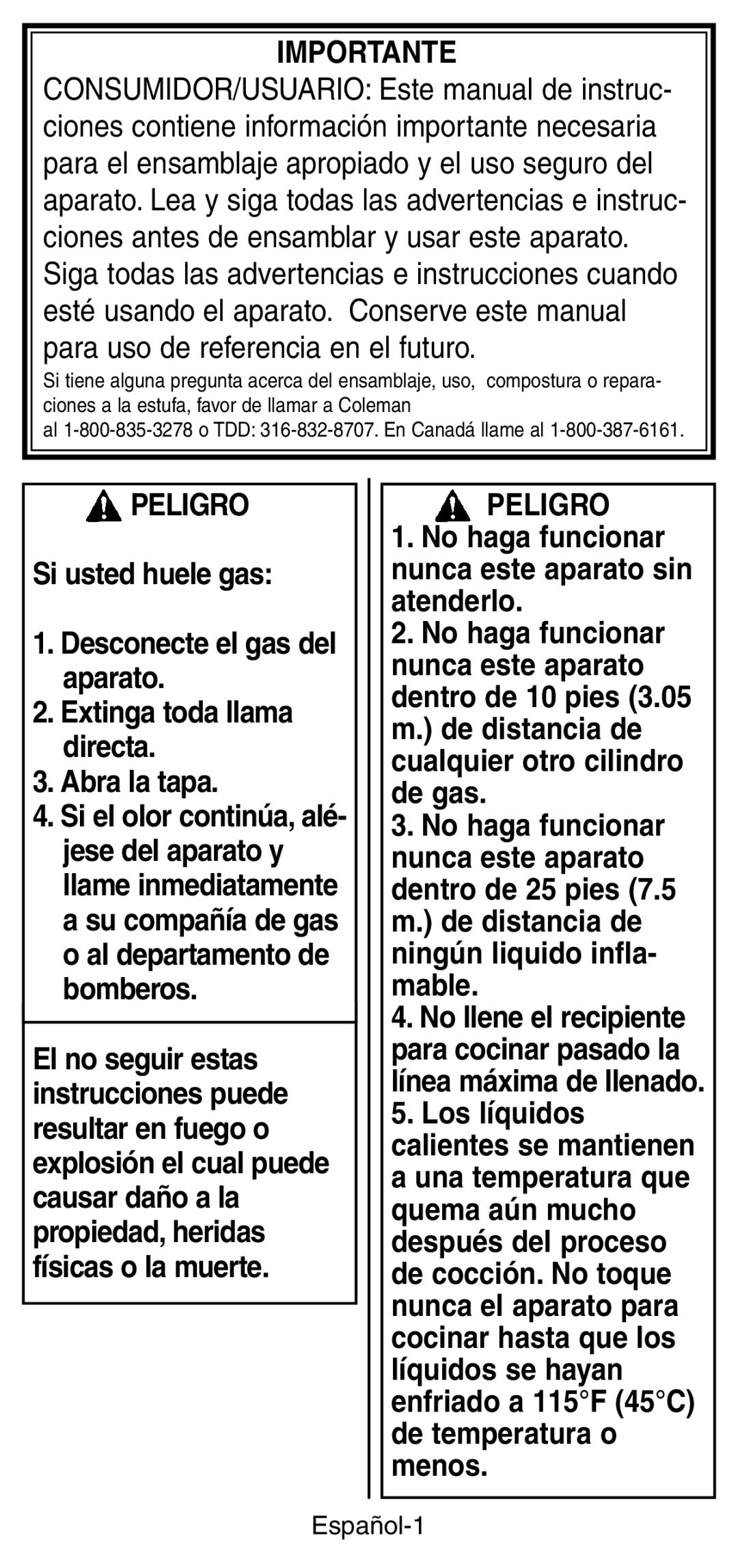 Coleman 9924 Series instruction manual Importante, Peligro, Español-1 