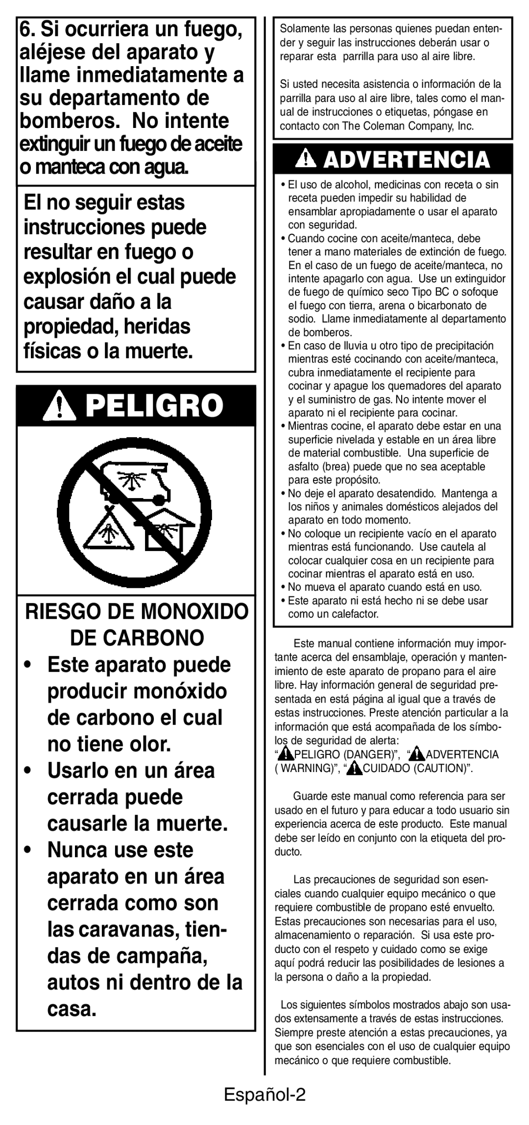 Coleman 9924 Series instruction manual Riesgo DE Monoxido DE Carbono, Español-2 