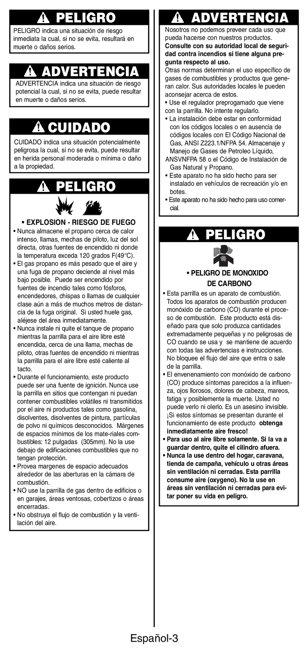 Coleman 9924 Series instruction manual Español-3, Explosion Riesgo DE Fuego, Peligro DE Monoxido DE Carbono 