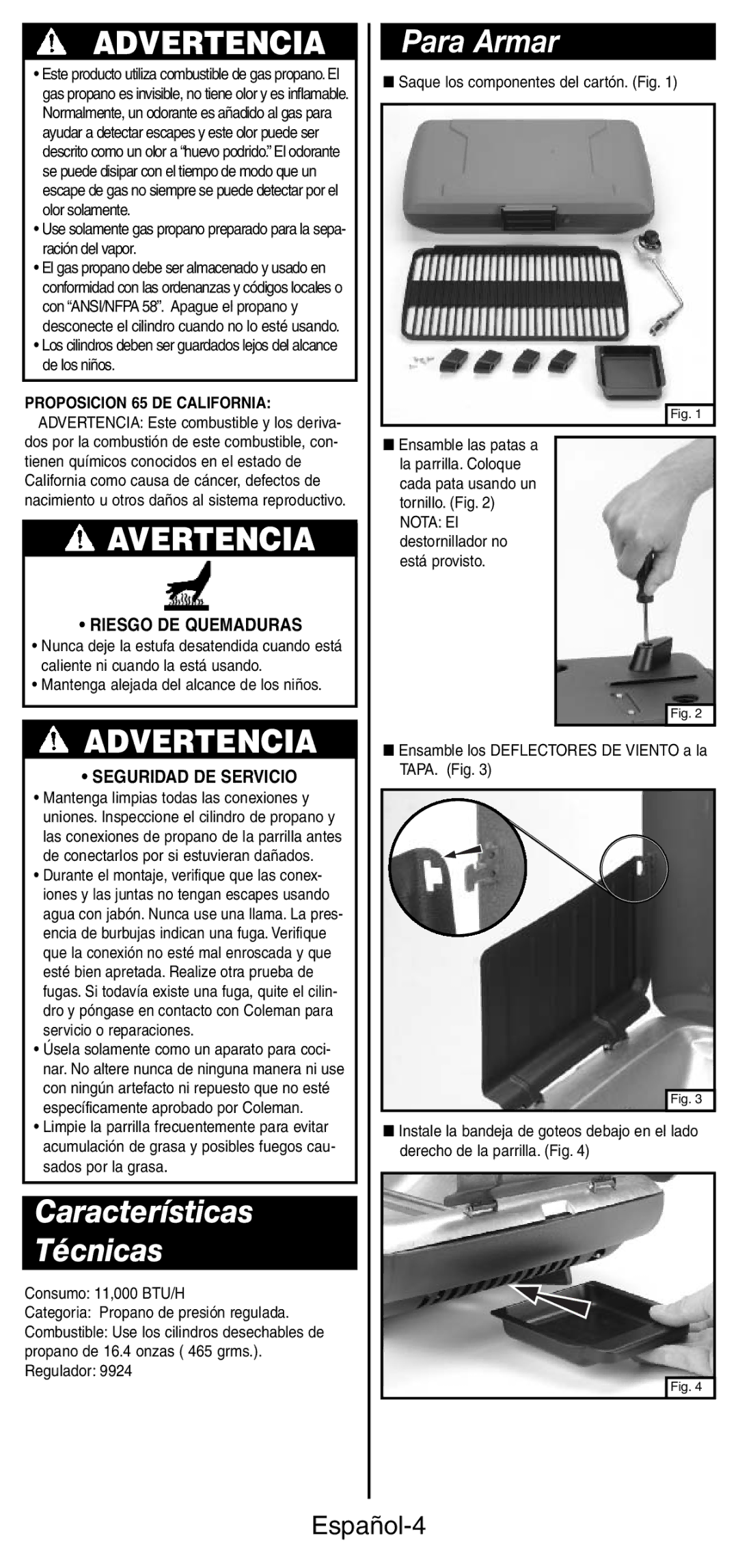 Coleman 9924 Series Características Técnicas, Para Armar, Español-4, Riesgo DE Quemaduras, Seguridad DE Servicio 