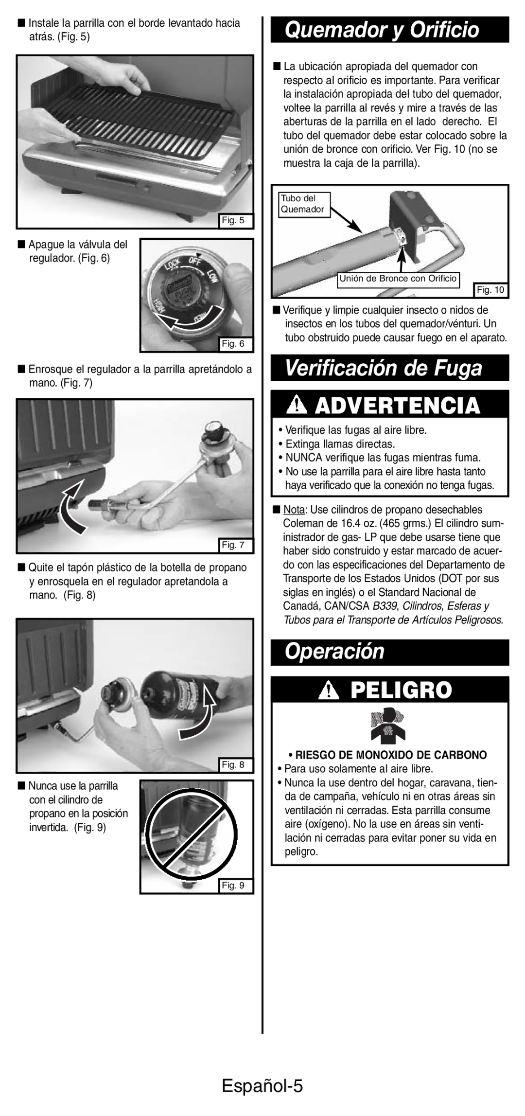 Coleman 9924 Series instruction manual Quemador y Orificio, Verificación de Fuga, Operación, Español-5 