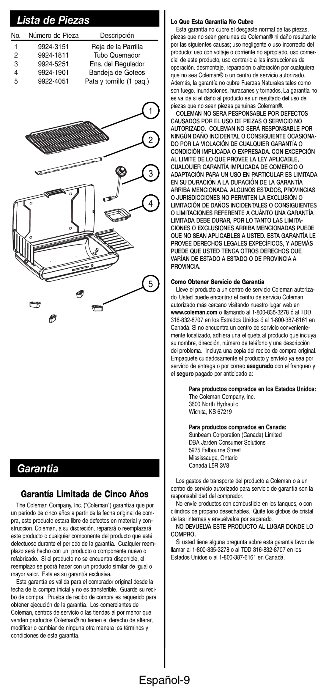 Coleman 9924 Series instruction manual Lista de Piezas, Garantia, Español-9 