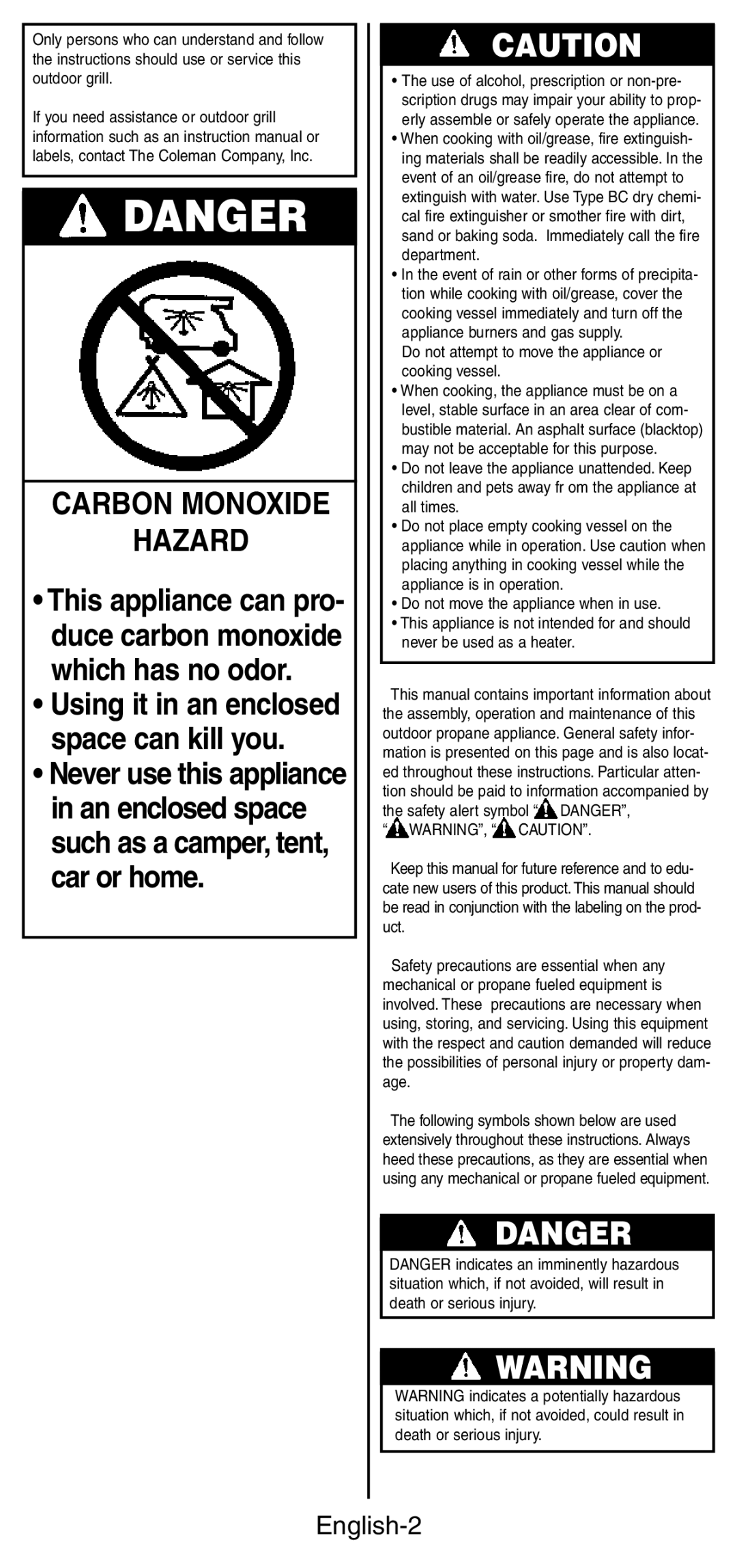 Coleman 9924 Series instruction manual Carbon Monoxide Hazard, English-2 