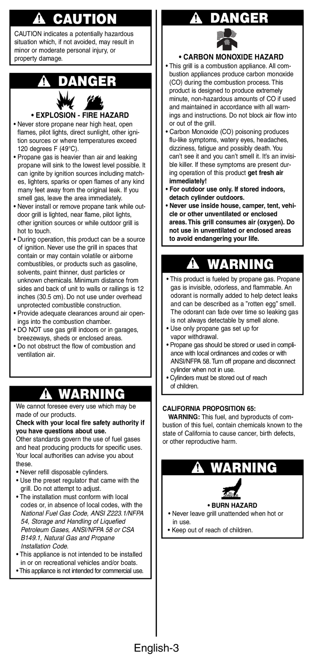 Coleman 9924 Series instruction manual English-3, Explosion Fire Hazard, Carbon Monoxide Hazard 