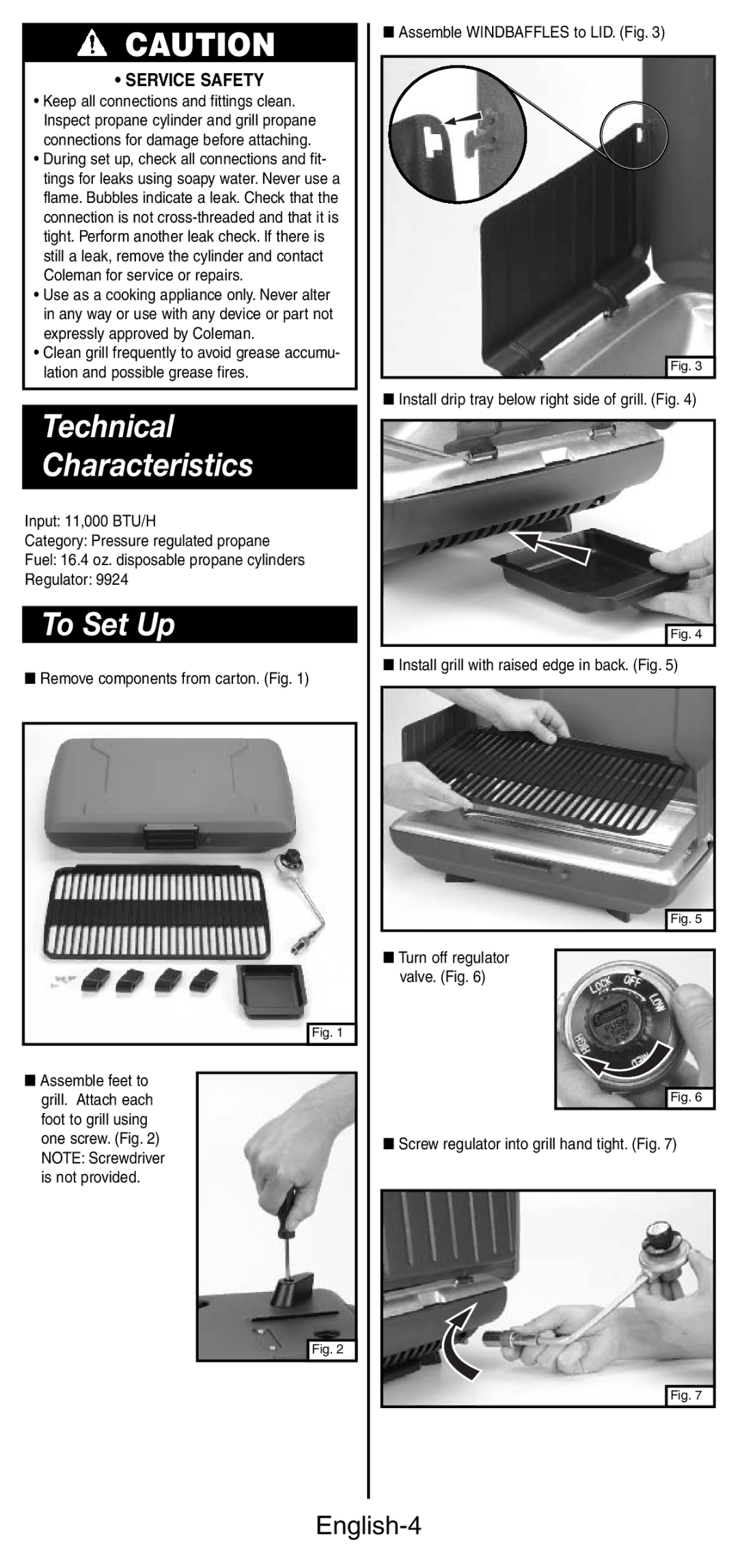 Coleman 9924 Series instruction manual Technical Characteristics, To Set Up, English-4, Service Safety 