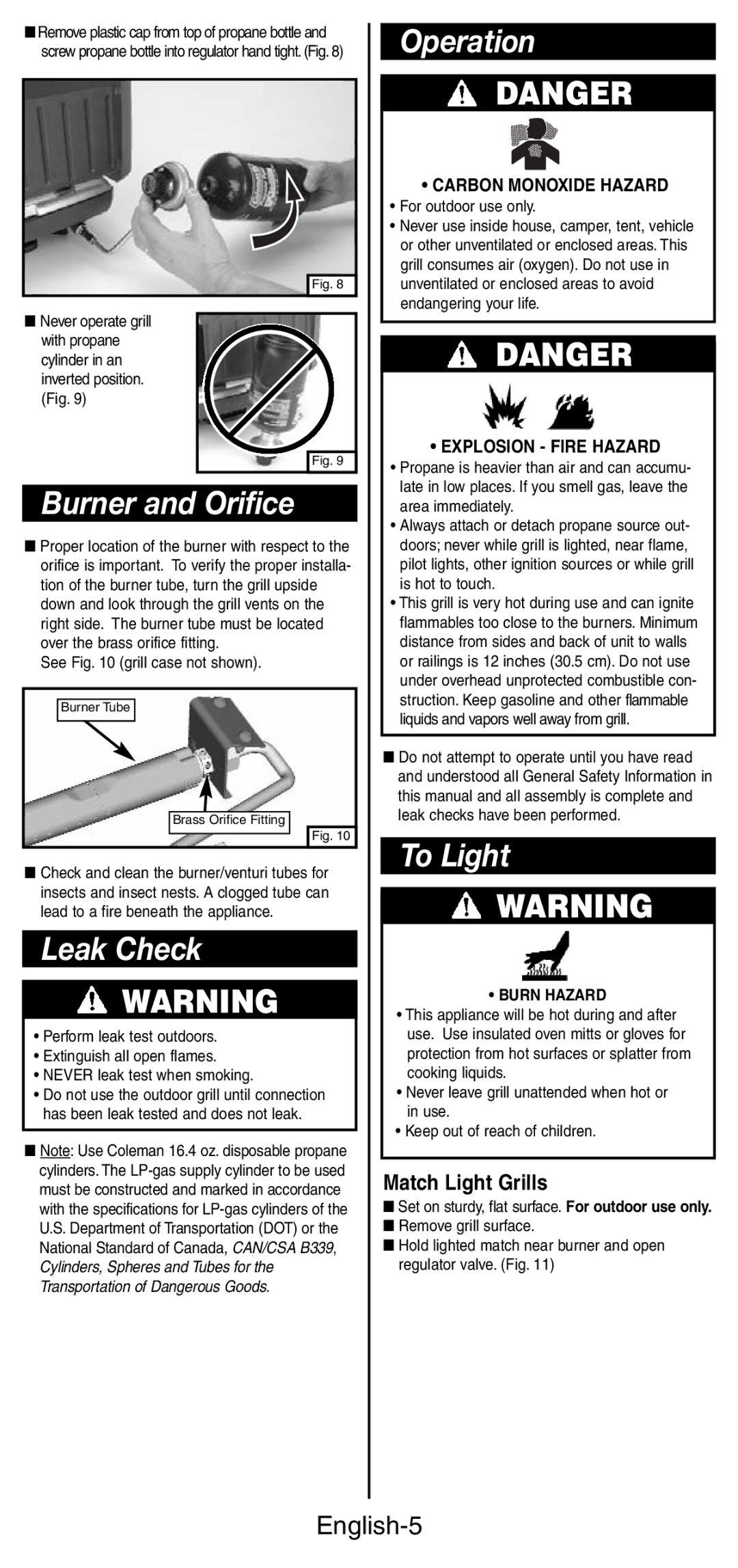 Coleman 9924 Series instruction manual Operation, Burner and Orifice, Leak Check, To Light, English-5 