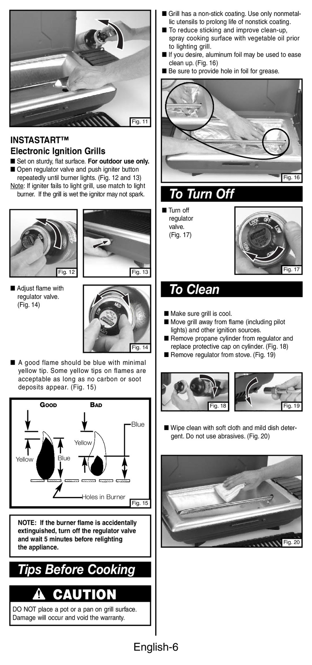 Coleman 9924 Series instruction manual Tips Before Cooking, To Turn Off, To Clean, English-6, Electronic Ignition Grills 