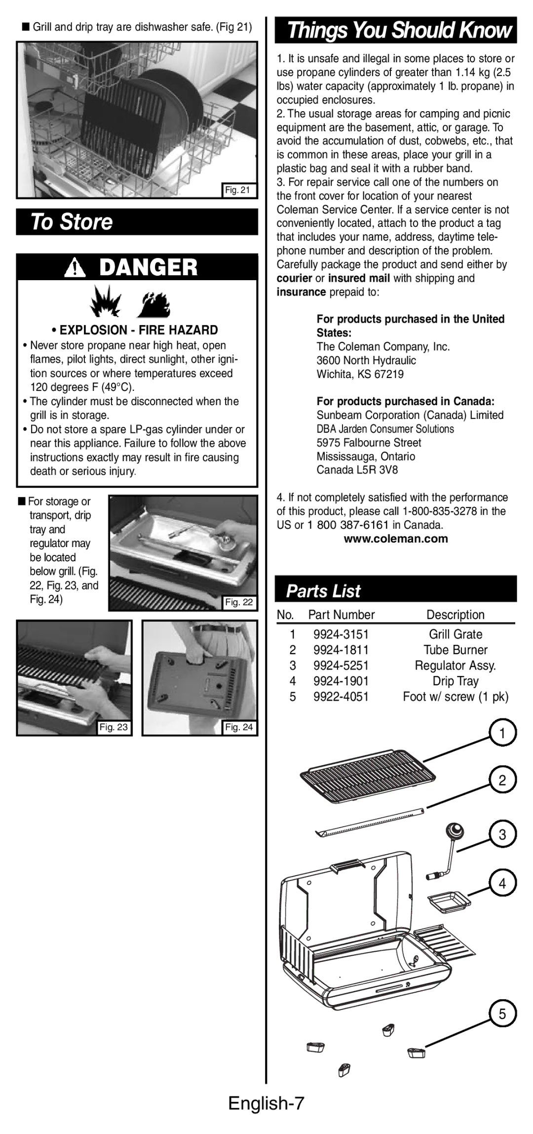 Coleman 9924 Series instruction manual To Store, Parts List, English-7 