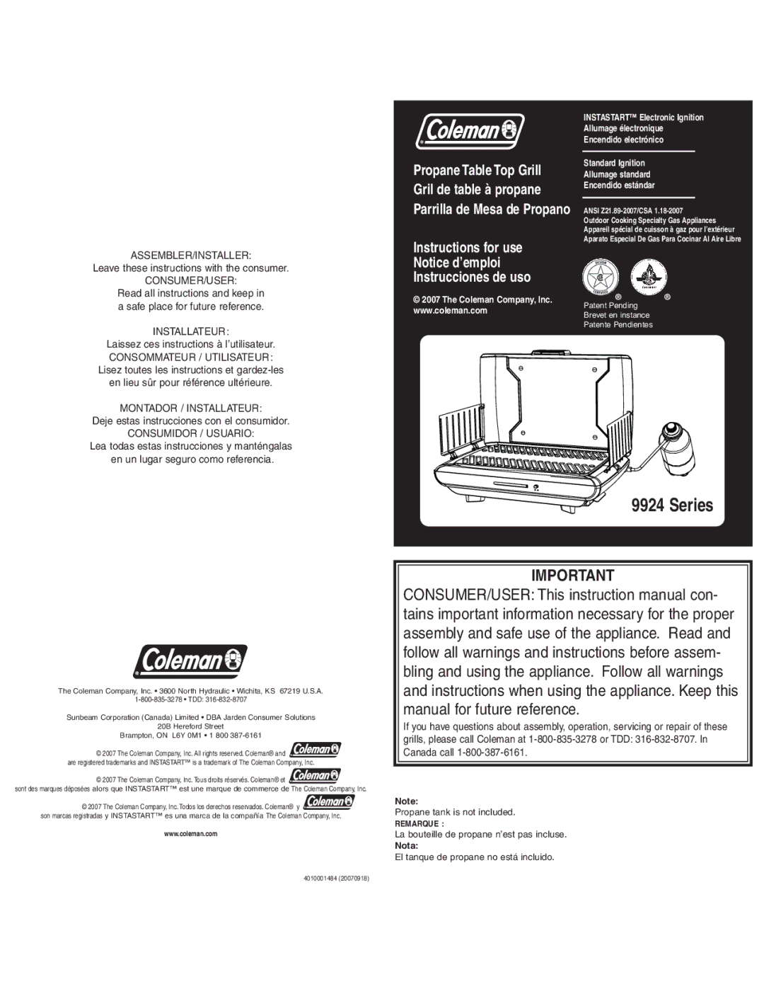 Coleman 9924 instruction manual Instructions for use Instrucciones de uso, Remarque 