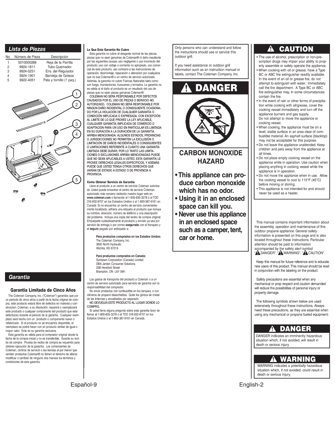 Coleman 9924 Carbon Monoxide Hazard, Lista de Piezas, Garantia, Español-9 English-2, Garantía Limitada de Cinco Años 