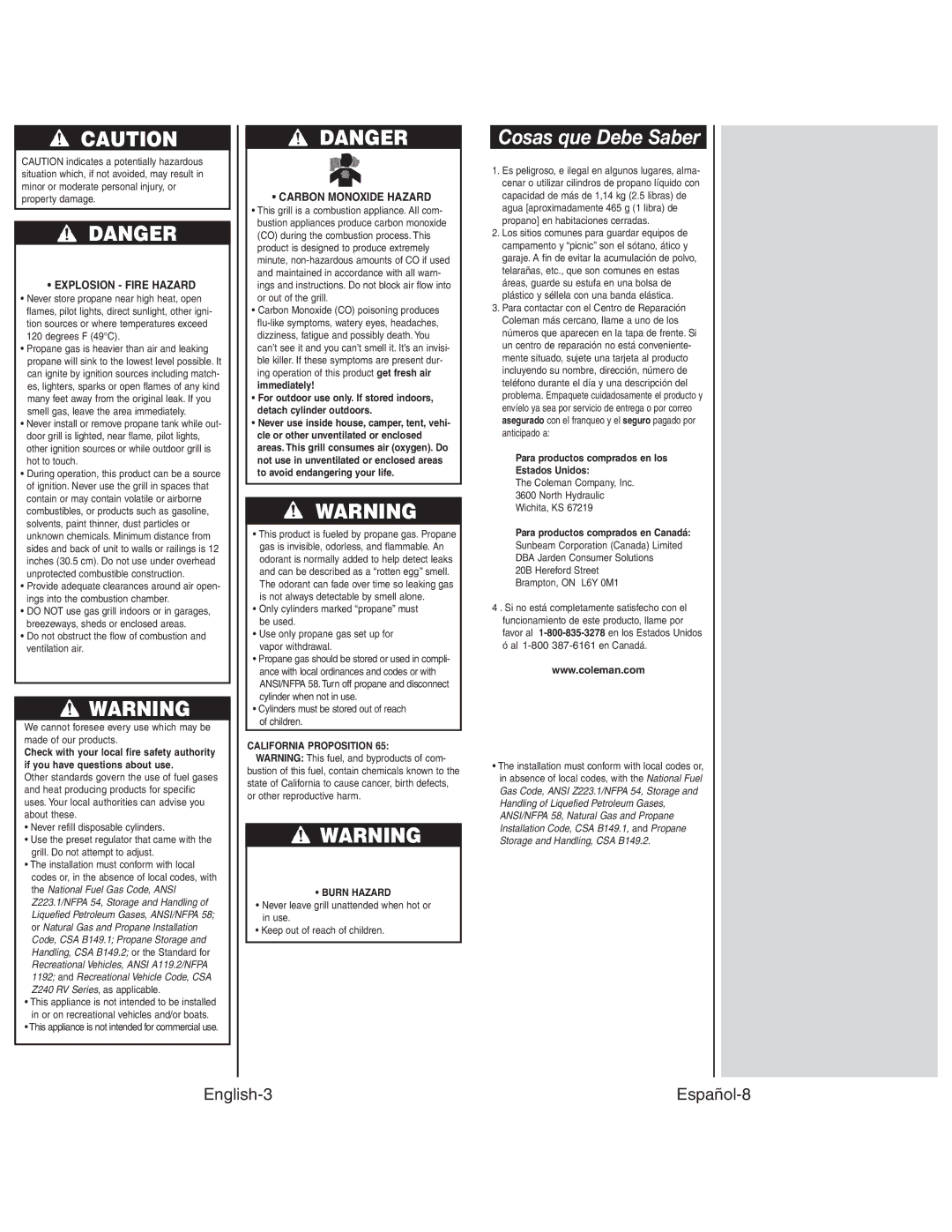 Coleman 9924 instruction manual Cosas que Debe Saber, English-3 Español-8, Explosion Fire Hazard, Carbon Monoxide Hazard 