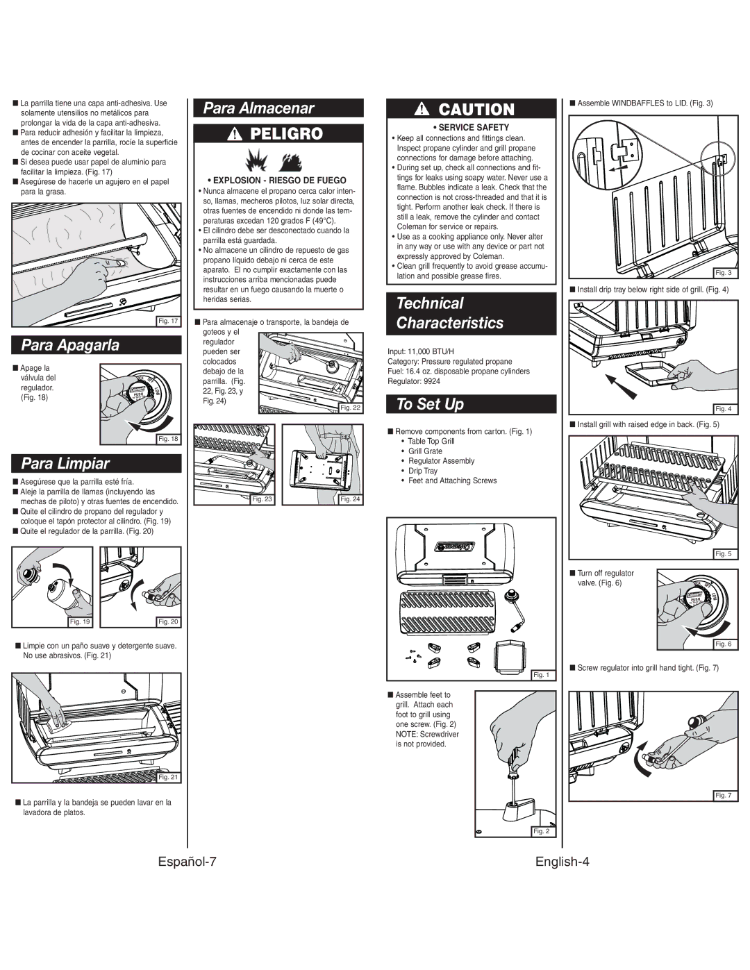 Coleman 9924 instruction manual Para Apagarla Para Almacenar, Peligro, Technical Characteristics, To Set Up, Para Limpiar 