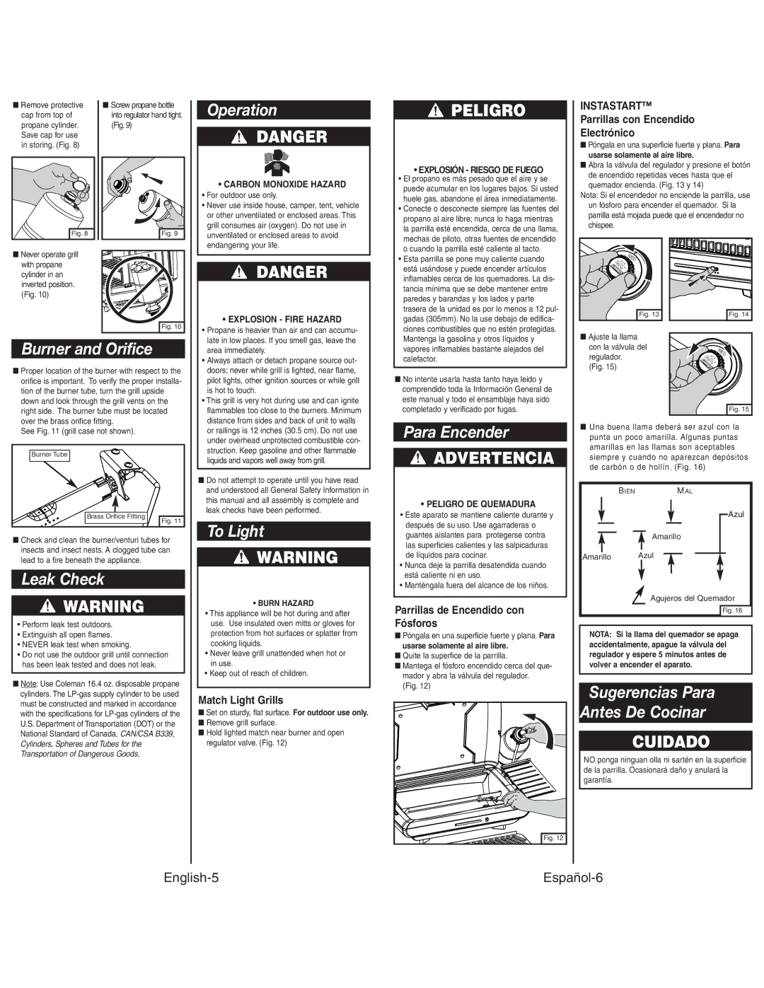 Coleman 9924 instruction manual Operation, Burner and Orifice, Leak Check, To Light, Para Encender 