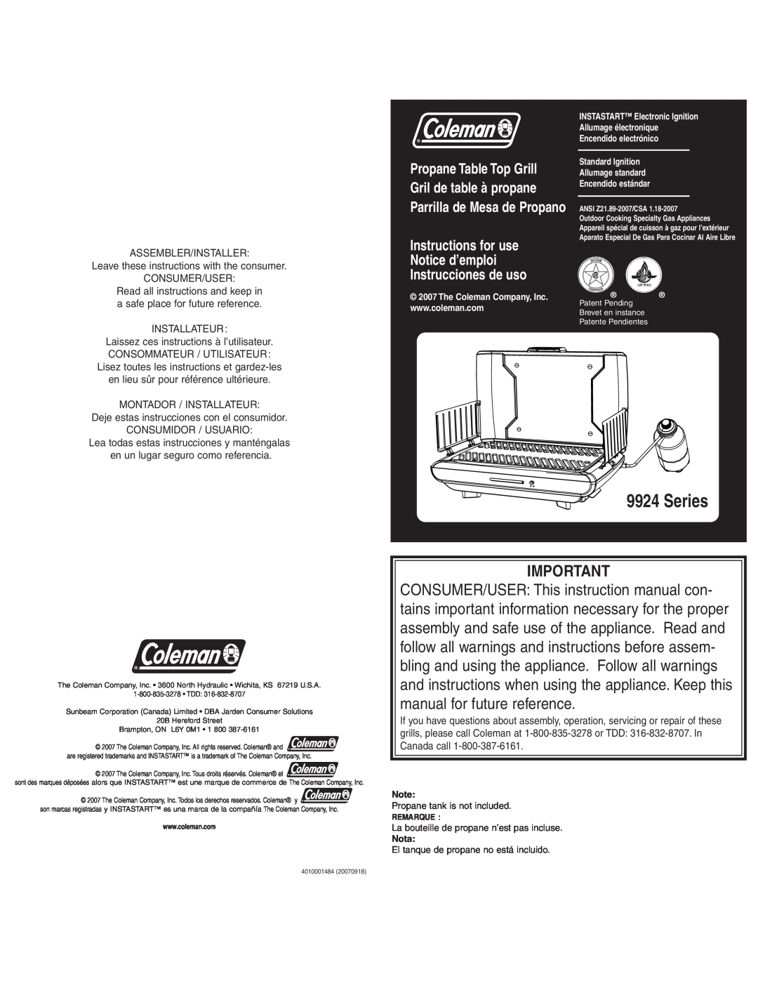 Coleman 9924 instruction manual Series, Instructions for use Notice d’emploi Instrucciones de uso, Consumer/User, Nota 
