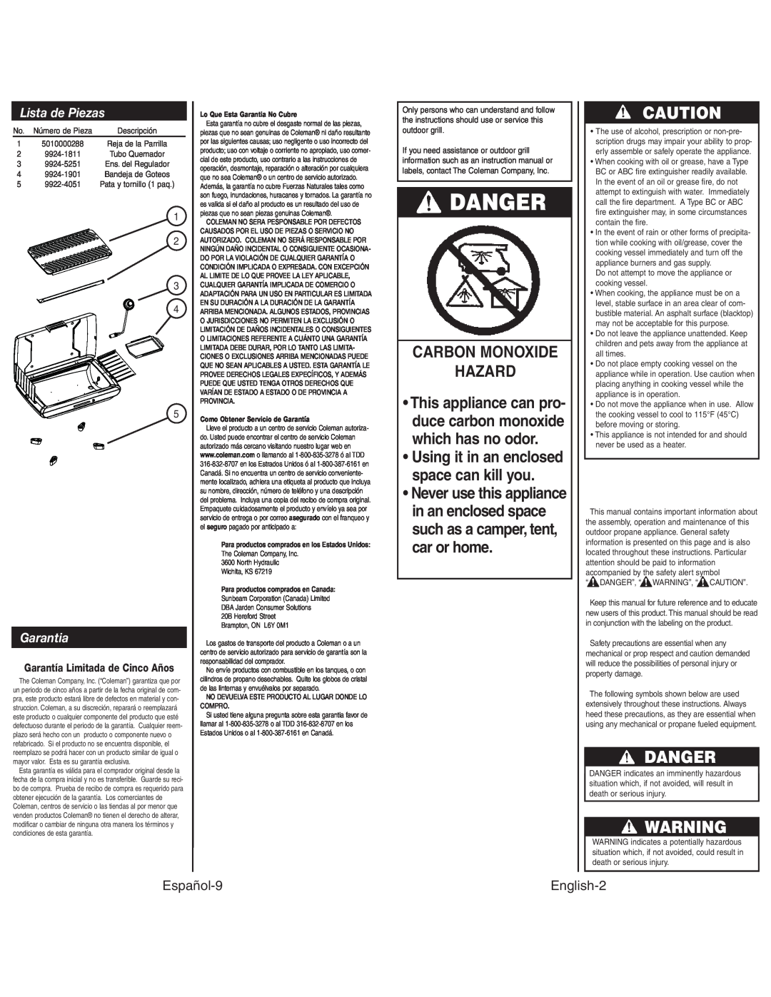 Coleman 9924 instruction manual Danger, Carbon Monoxide Hazard, Lista de Piezas, Garantia, Español-9, English-2 