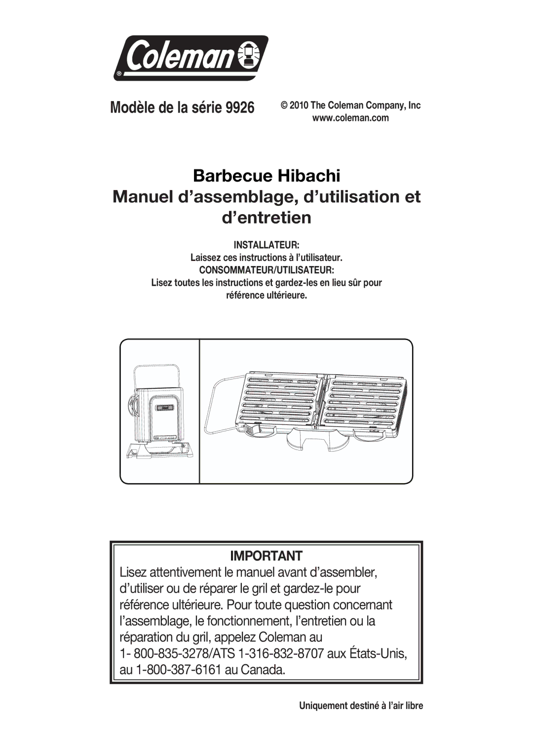 Coleman 9926 manual Laissez ces instructions à l’utilisateur, Uniquement destiné à l’air libre 