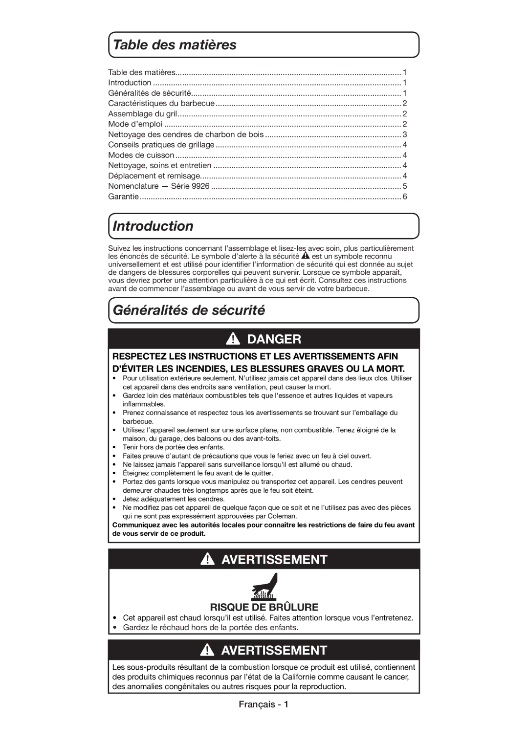 Coleman 9926 manual Table des matières, Généralités de sécurité 