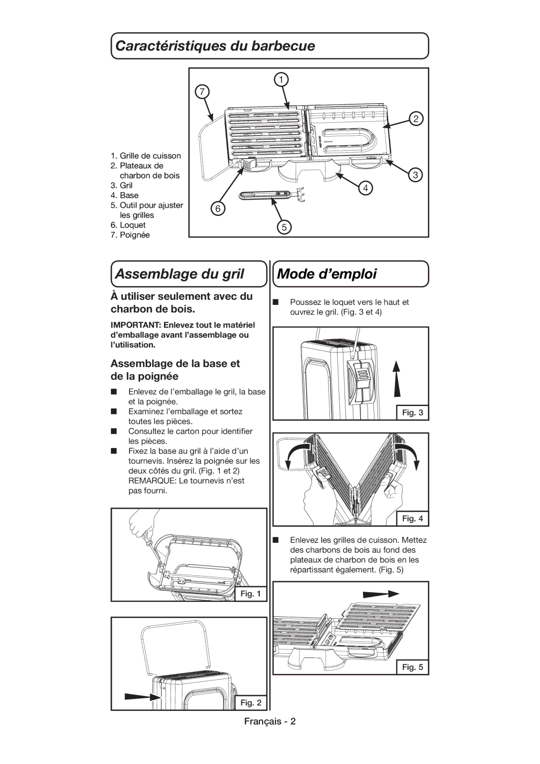 Coleman 9926 manual Caractéristiques du barbecue, Assemblage du gril, Utiliser seulement avec du charbon de bois 