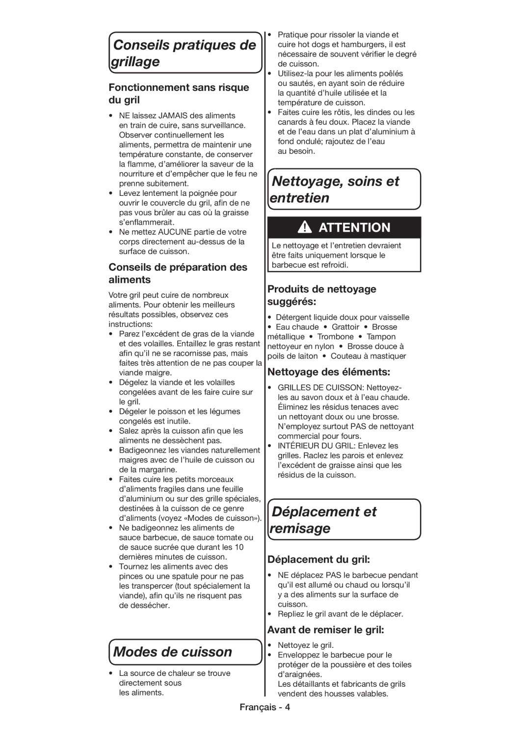 Coleman 9926 Conseils pratiques de grillage, Modes de cuisson, Nettoyage, soins et entretien, Déplacement et remisage 