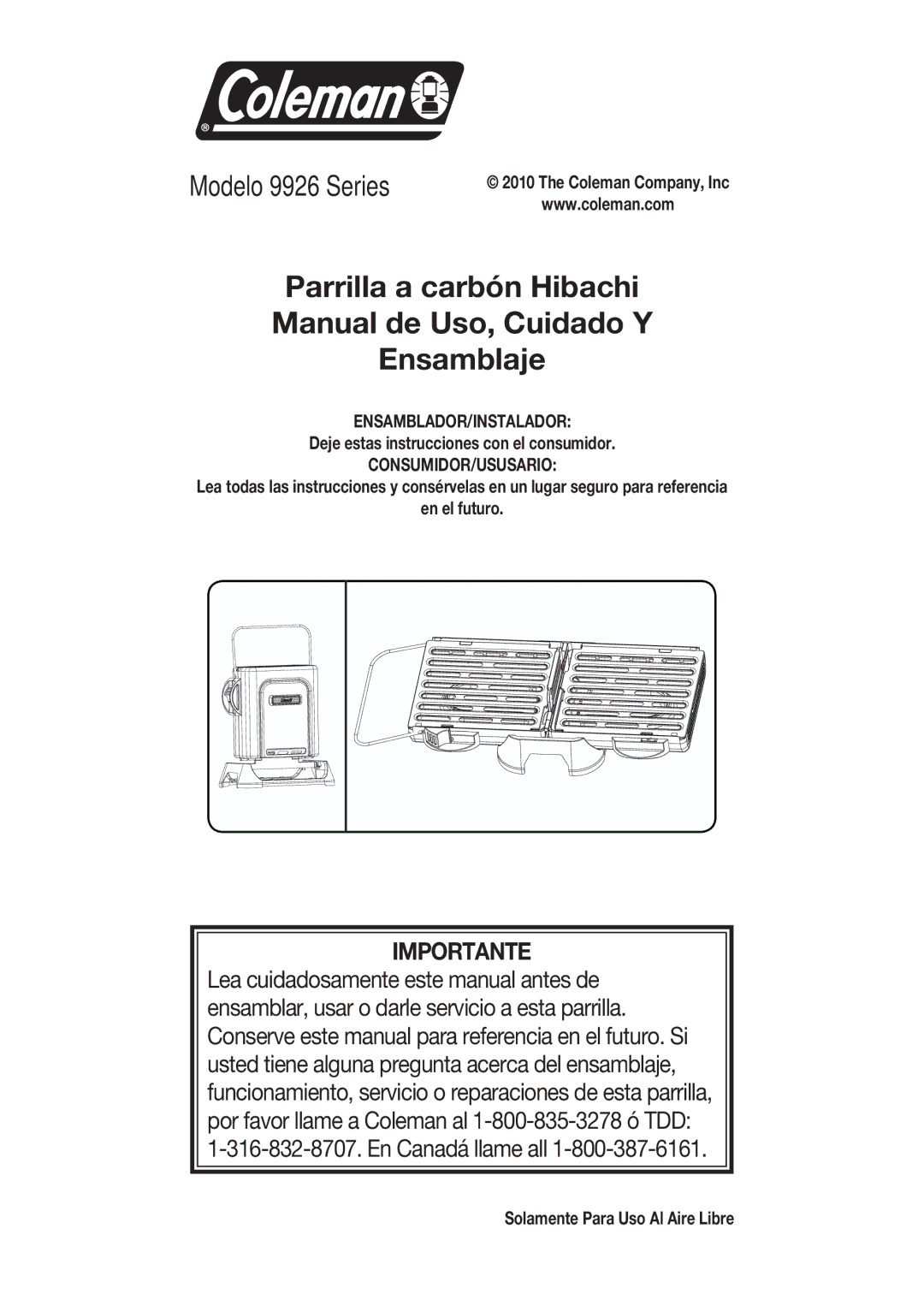 Coleman 9926 manual Deje estas instrucciones con el consumidor, Solamente Para Uso Al Aire Libre 