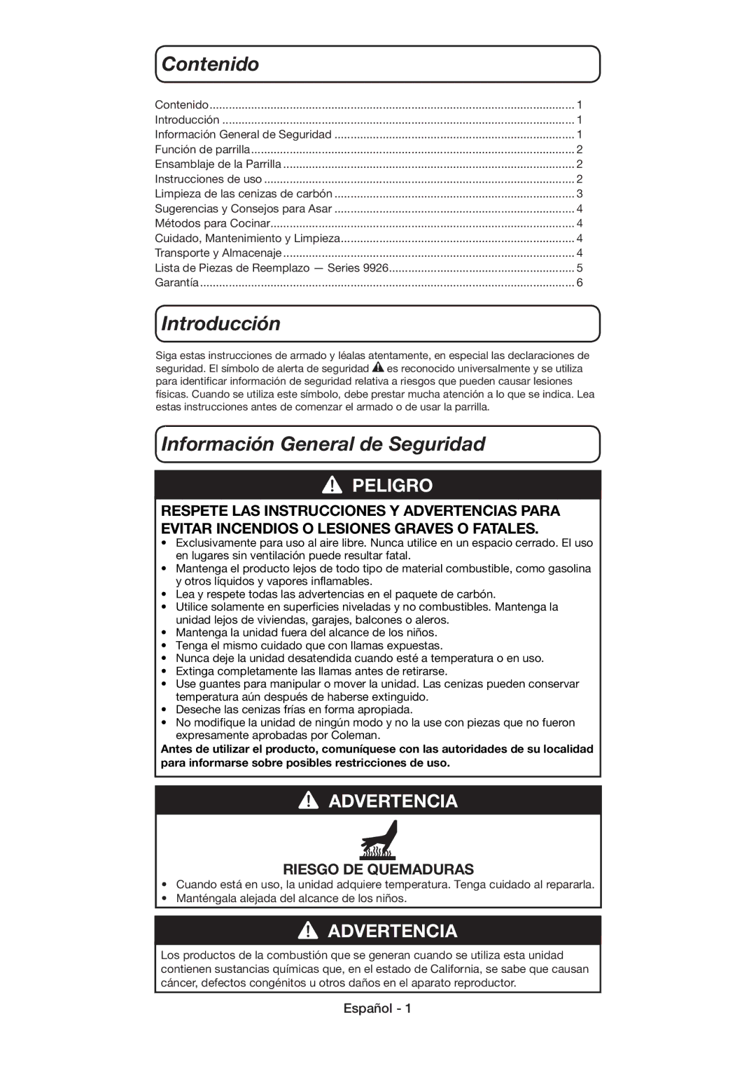 Coleman 9926 manual Contenido, Introducción, Información General de Seguridad 