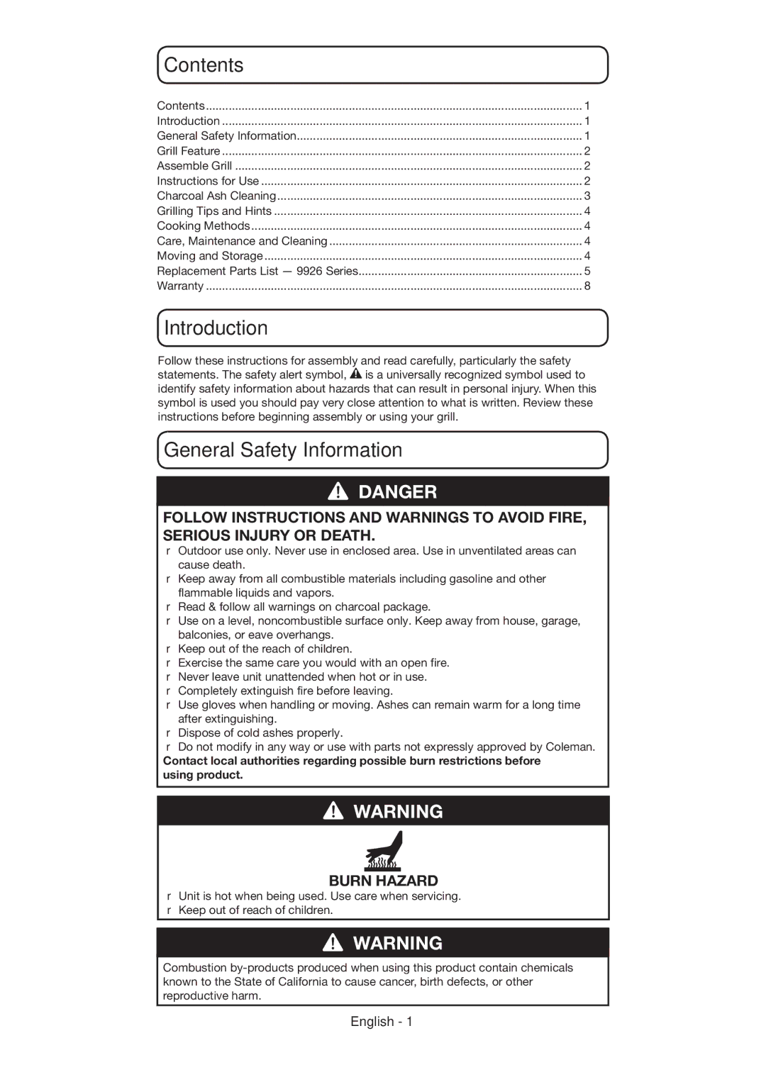 Coleman 9926 manual Contents, Introduction, General Safety Information 