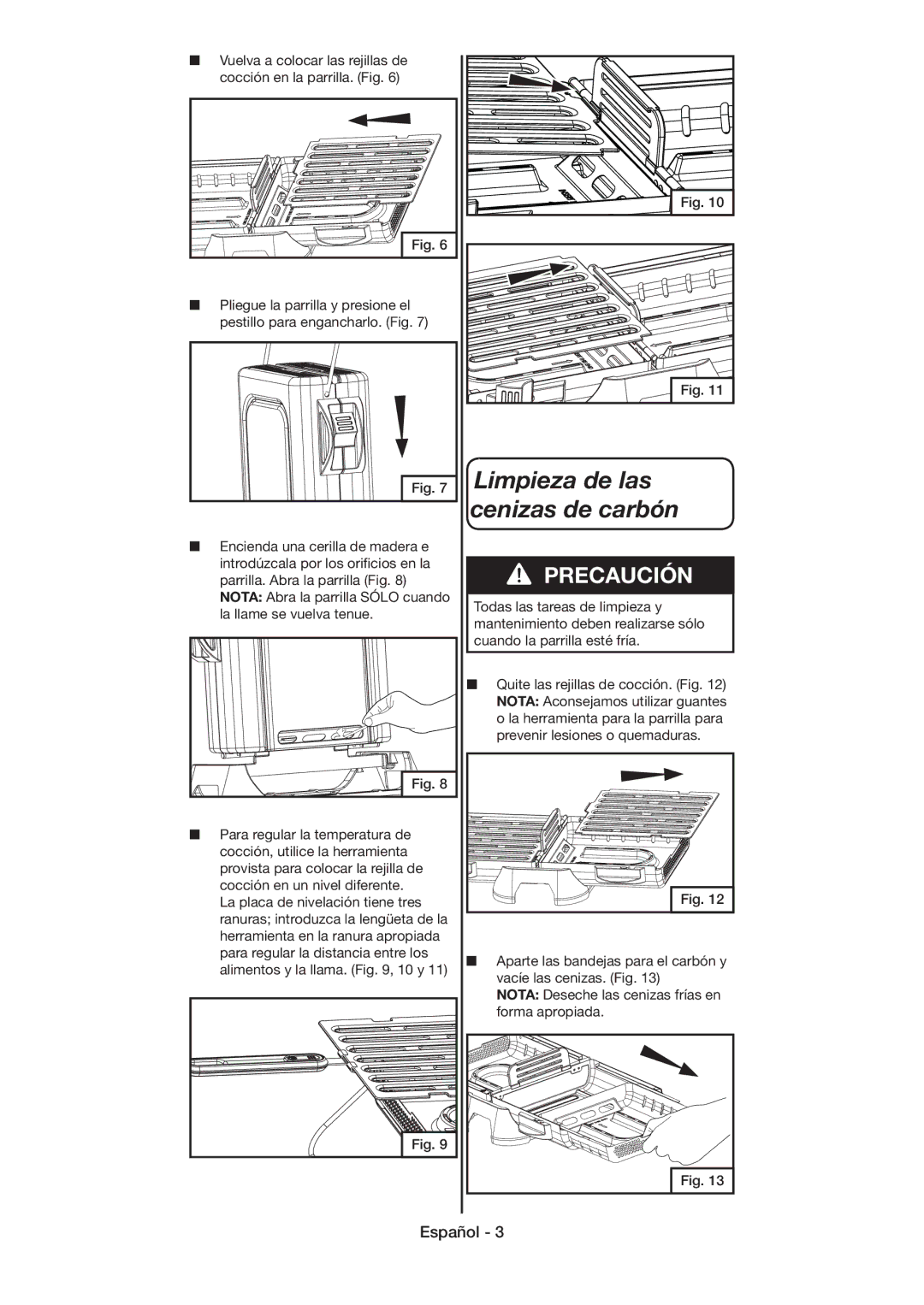 Coleman 9926 manual Limpieza de las cenizas de carbón, Precaución 