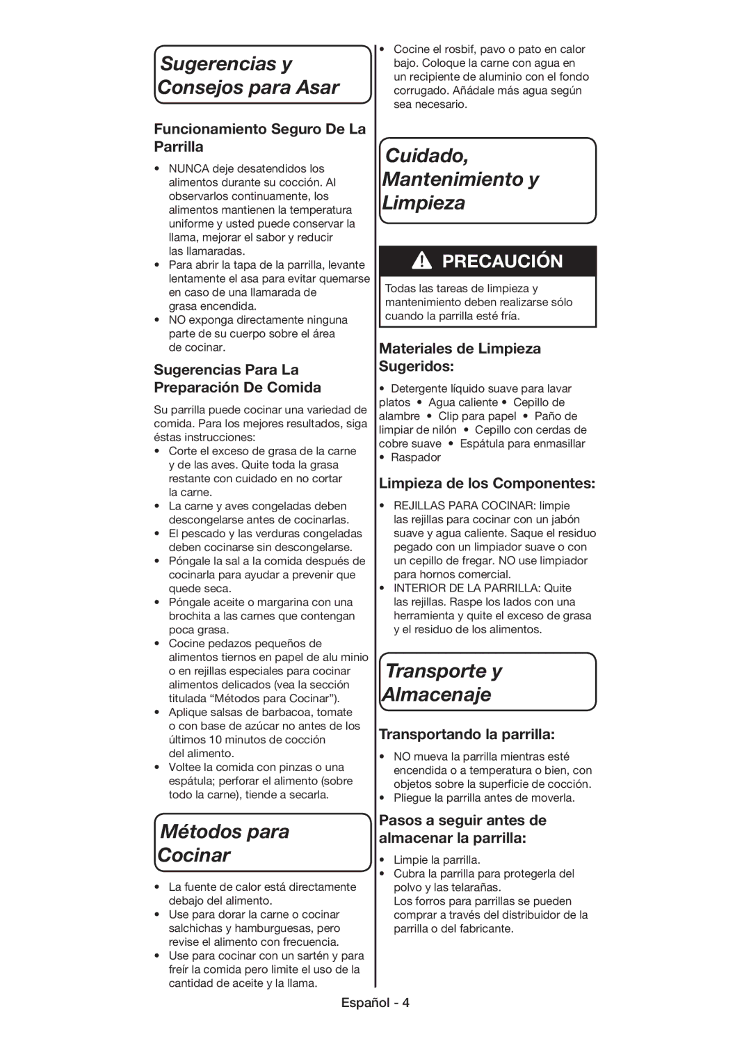 Coleman 9926 manual Sugerencias y Consejos para Asar, Métodos para Cocinar, Cuidado Mantenimiento y Limpieza 