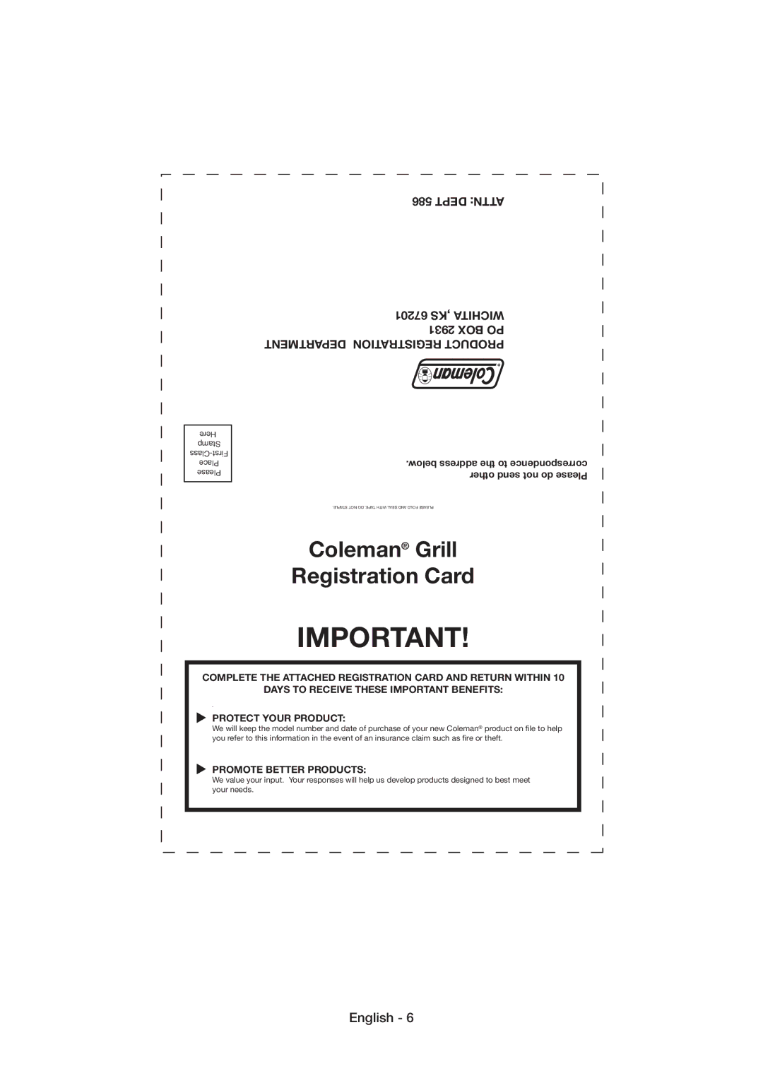 Coleman 9926 manual Coleman Grill Registration Card 